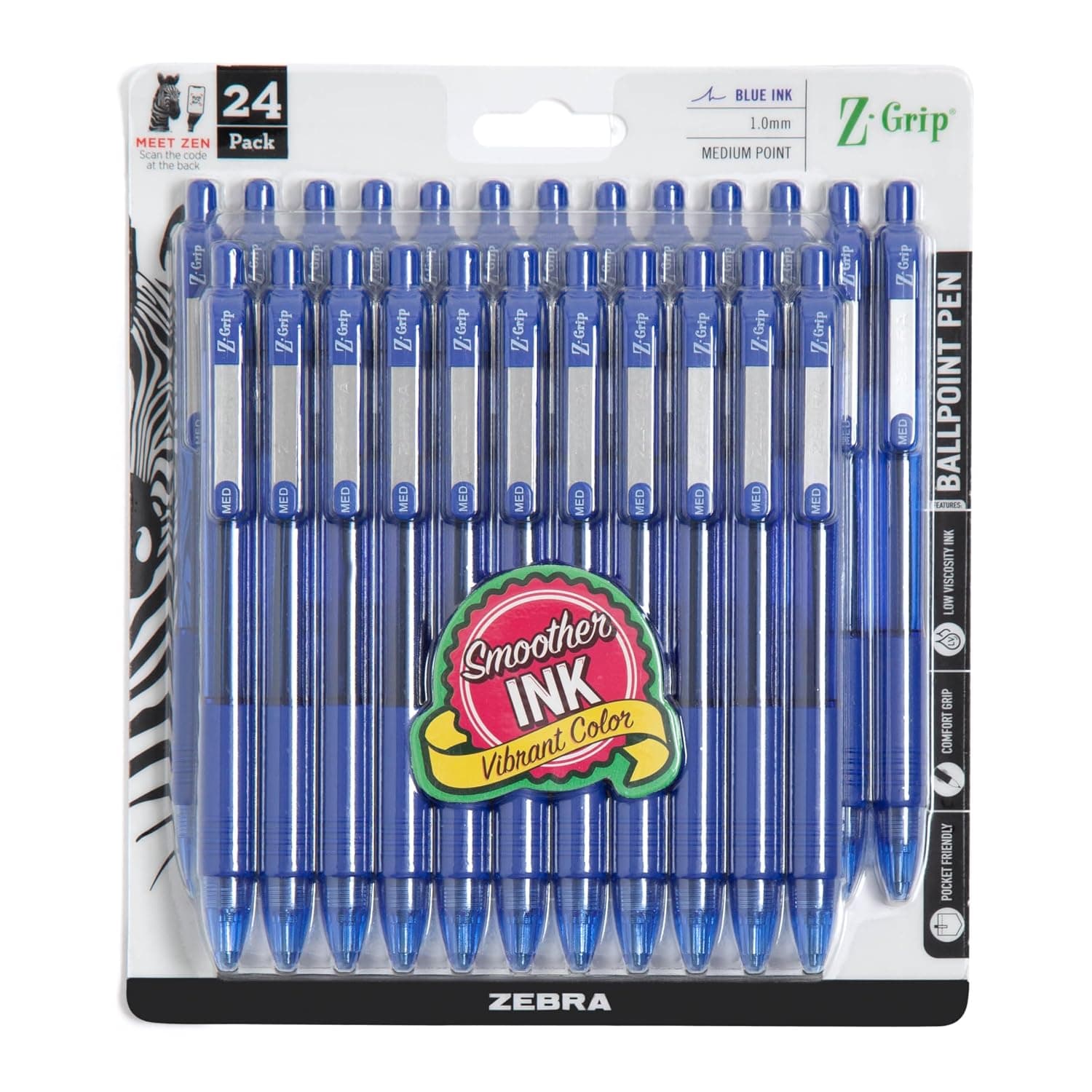 Zebra Pen Z-Grip Retractable Ballpoint Pen, Medium Point, 1.0mm, Blue Ink, 24 Pack (Packaging may vary)