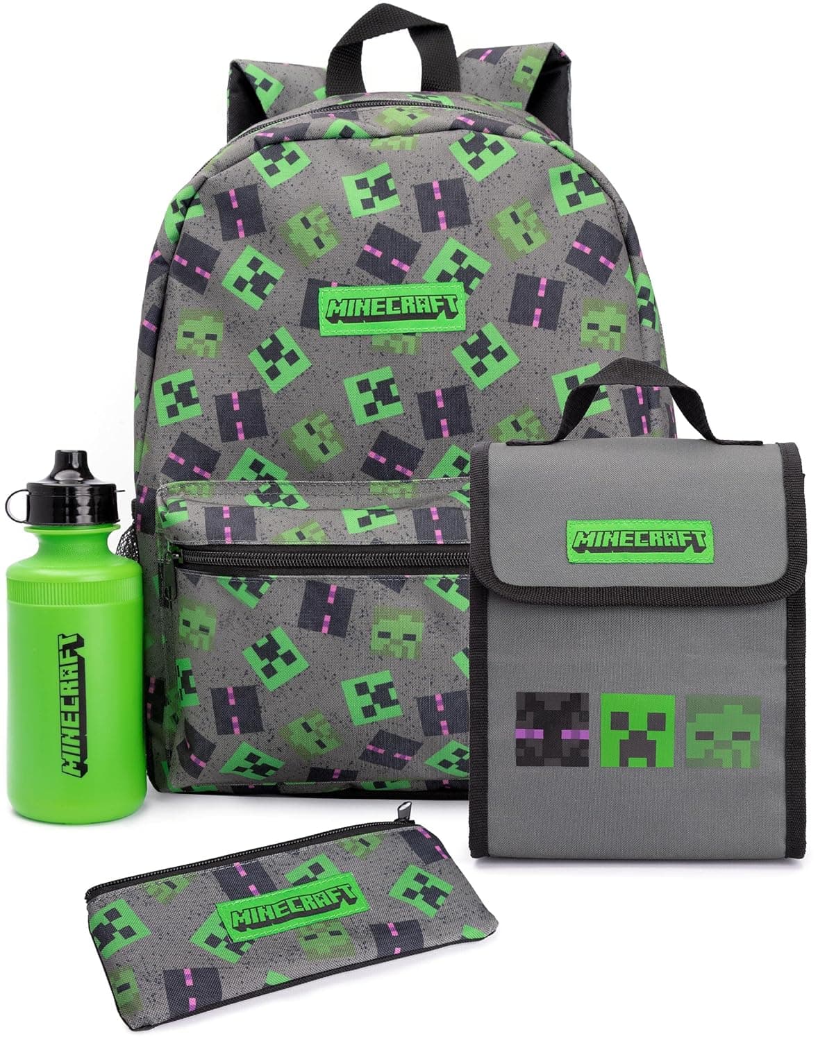 Minecraft Backpack for Kids | Creeper Zombie Enderman Merchandise Villains School Rucksack Pencil Case, Water Bottle Bag