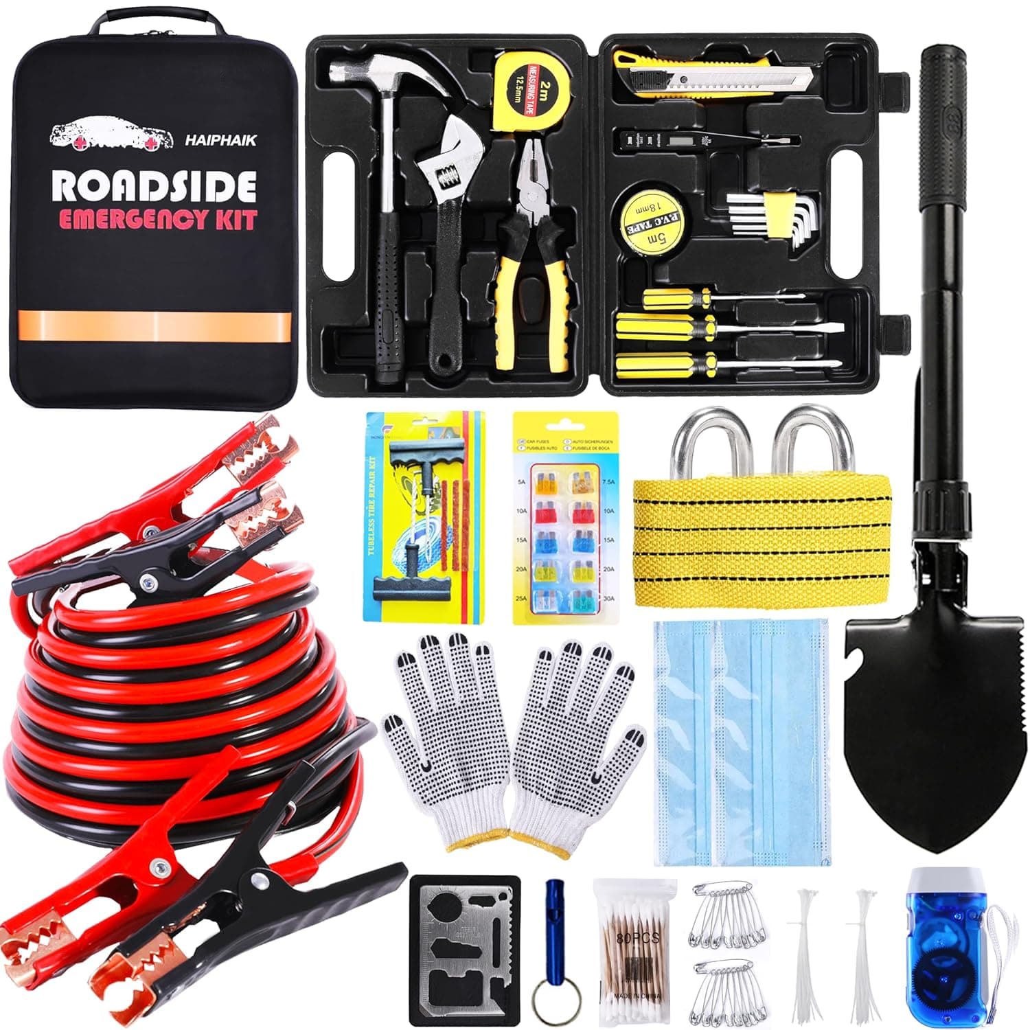 HAIPHAIK Car Emergency Roadside Kit - Auto Vehicle Safety Road Side Assistance Kits Jumper Cables Set 11.8 Foot (Upgrade) 124 PCS Emergency Car Kits Car Tool Kit,Tow Strap, Folding Survival Shovel | Emergency Roadside Kit for Car Tow Strap, Folding Shovel, Emergency Tools Box, Breakdowns Travel for Women Men