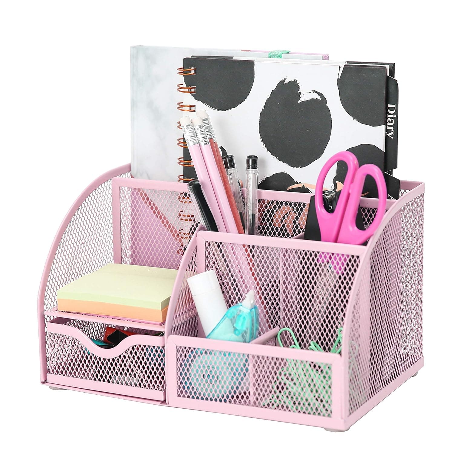 EXERZ Desk Organiser 7 Compartments Metal Mesh Pen Holder Caddy Light Pink