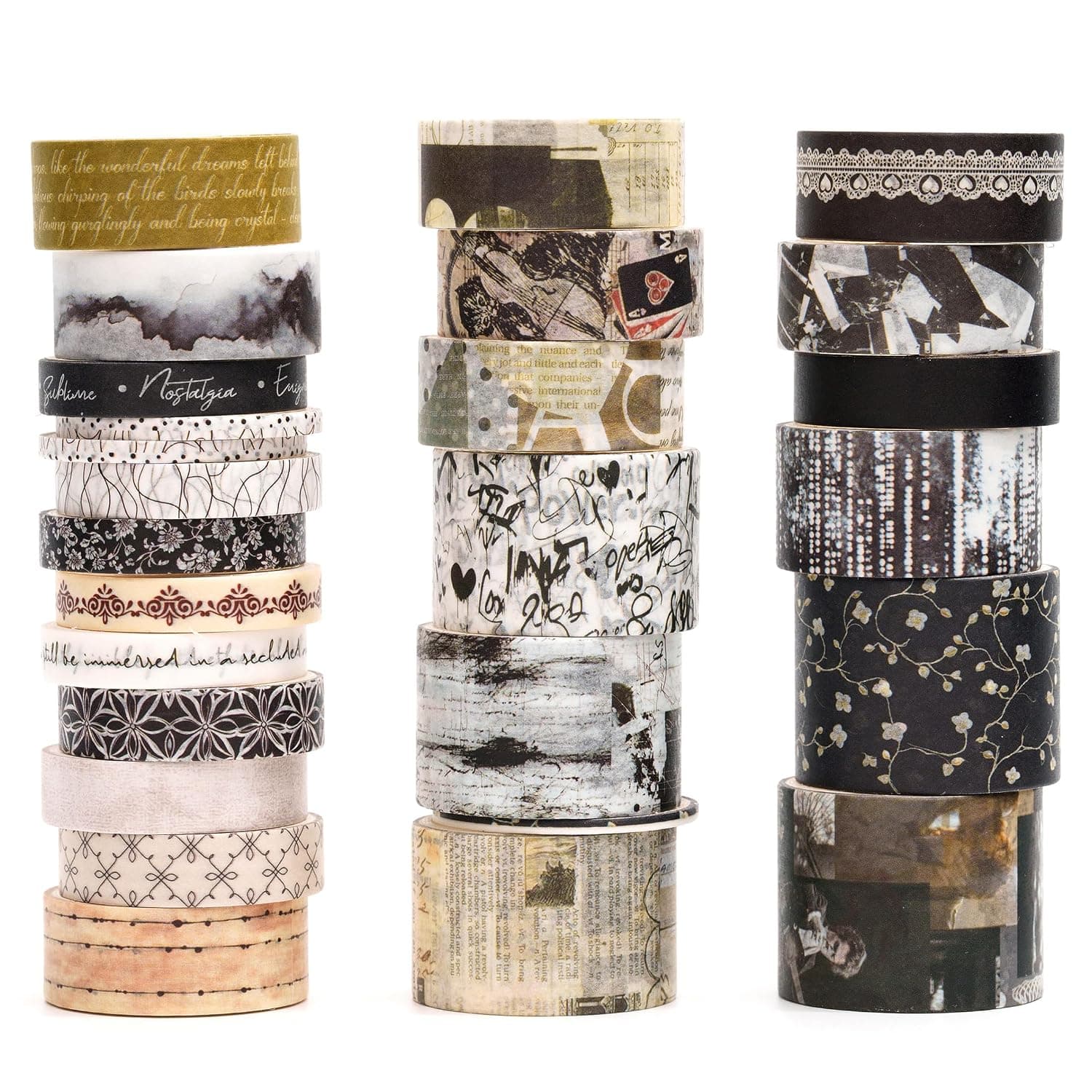 Washi Tape Retro Art Set of 24 Rolls | Vintage Masking Tape Classic Art Pattern, Perfect for Notebook, Scrapbooking, DIY, Gift Wrapping | 30, 25, 20, 15, 10, 7.5mm x 2m Each (9-Monochrome Feel