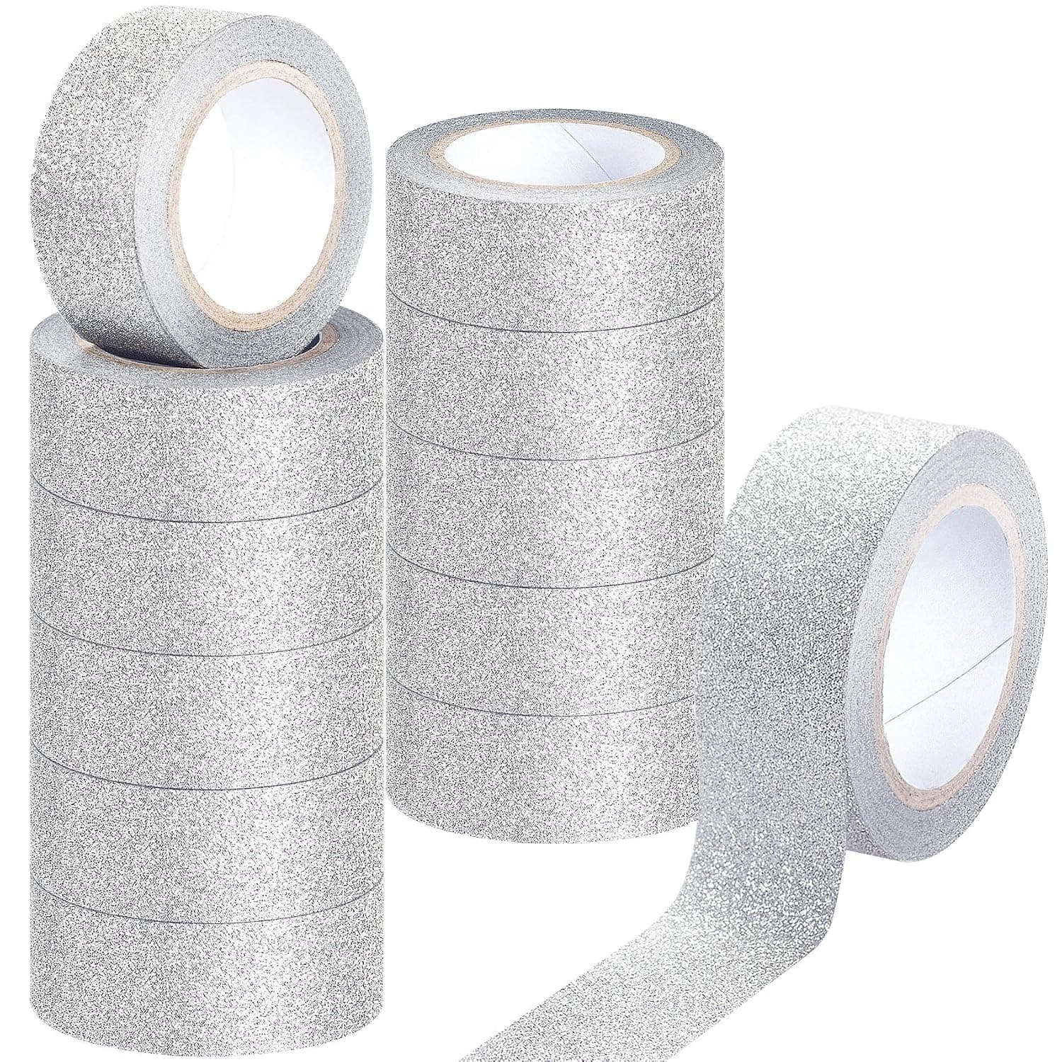 Silver Glitter Washi Tape Set, Crafting Tape Glitter Masking Tape for Festival Decoration Scrapbooking, Journal, Planner, Gift Wrapping, 0.6 Inch Wide, 12 Rolls