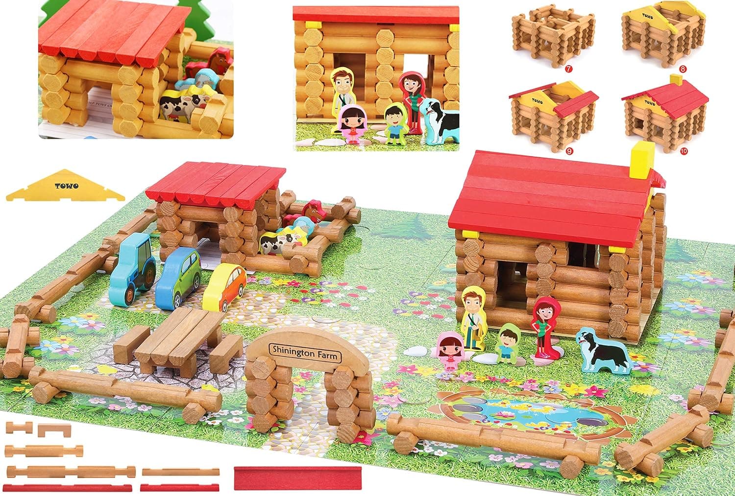 Toys of Wood Oxford Wooden Farm with Animals, People and Vehicles - 207 Logs for Building Yourself Log House - Construction Kit for Girls and Boys from 3 Years - Wooden Toy for 3 Years Old