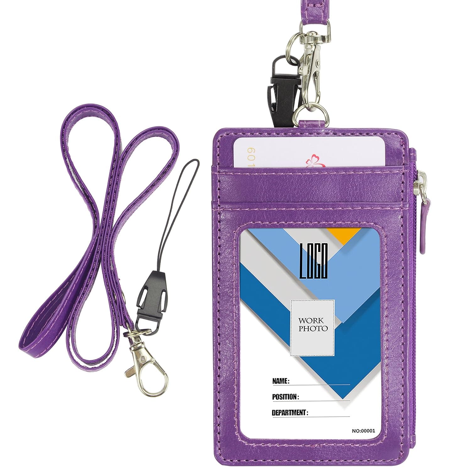 Wisdompro Badge Holder with Zip, School Supply 2-Sided Vertical PU Leather College ID Badge Holder with 1 ID Window, 4 Card Slots, 1 Side Zipper Pocket and 20 Inch Leather Neck Lanyard Strap - Purple | Vertical, 2 Sided, 4 Card Slots, Clear Name Tag Window, 20” Detachable Heavy Duty Neck Strap, for Work, School, Cruise Travel