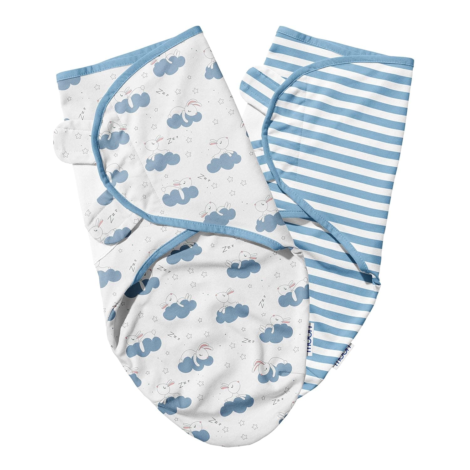 The Moon Brand Organic Swaddle Lightweight and Breathable Pack of 2 Perfect for Infant & Newborn Babies 0-6 months Baby Essential - PostBath Wrapping- Baby Clothing Comfort - Blue rabbit and stripes