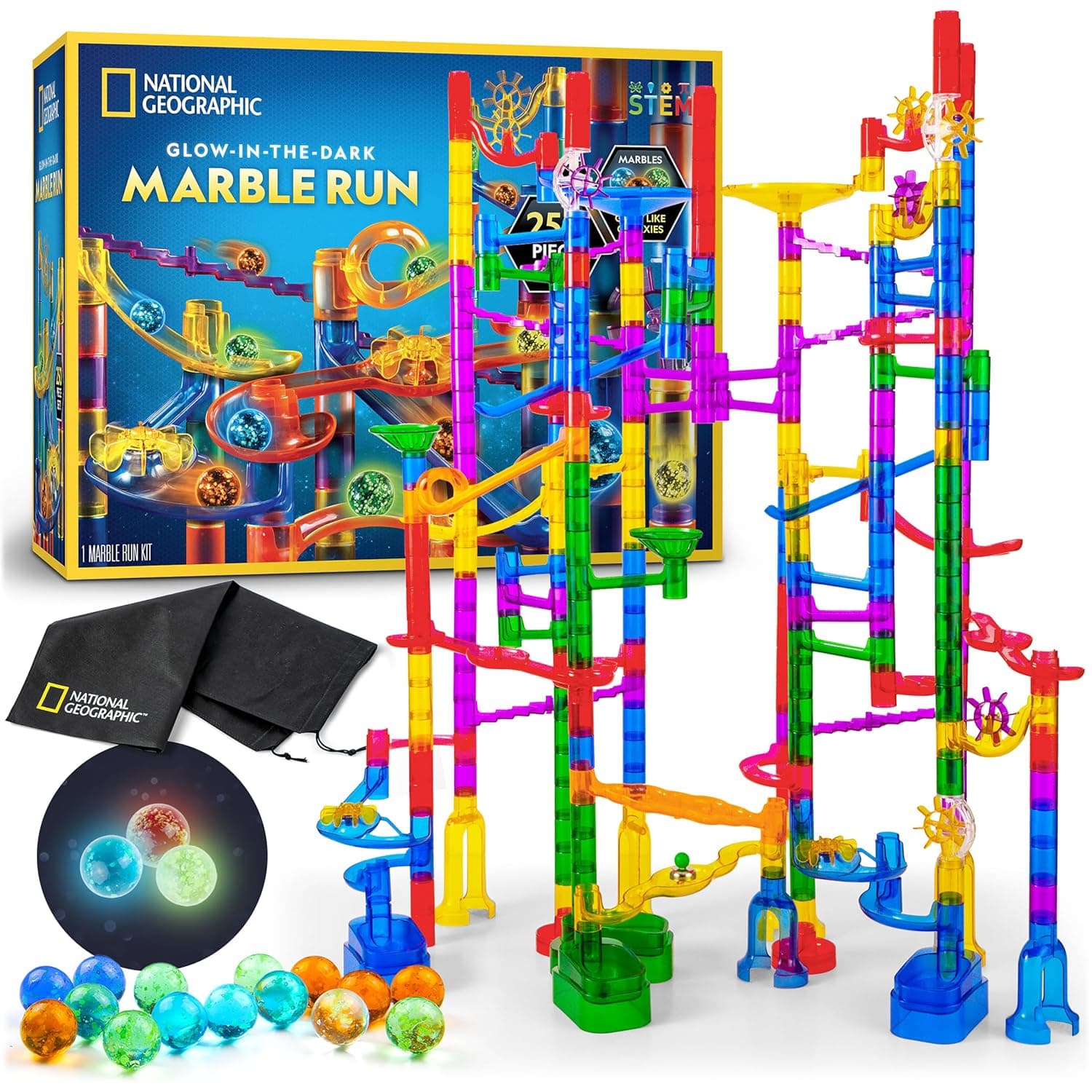 Blue Marble NATIONAL GEOGRAPHIC Glowing Run – 250 Piece Construction Set with 50 Glow In The Dark Glass s & Storage Bag, STEM Gifts for Boys and Girls, Building Project Toy (Amazon Exclusive) | 50 Glow-in-the-Dark Glass Marbles, 135 Tubes, 55 Action Pieces, 10 Bases, Marble Maze, STEM Physics Toy, Storage Bag