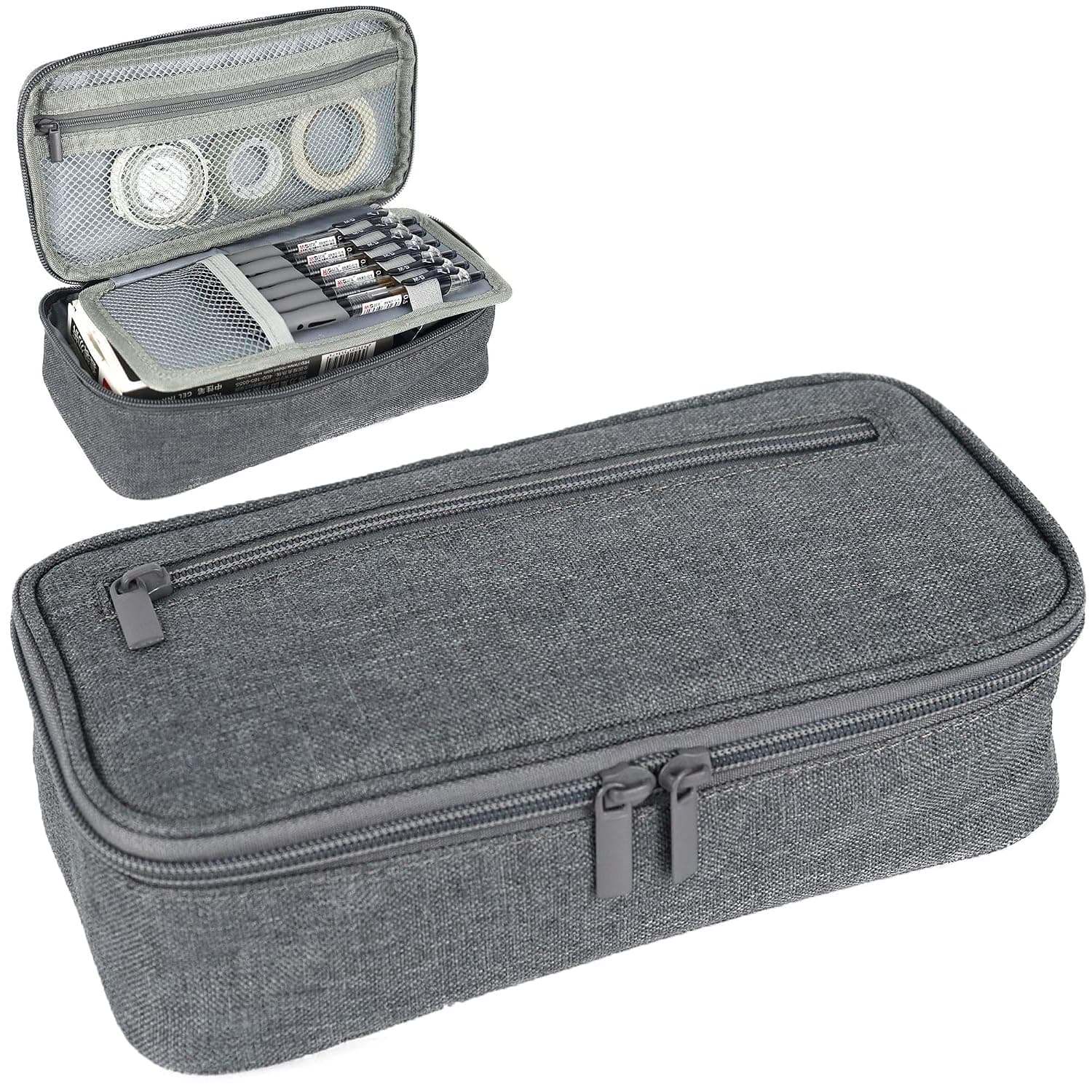 Large Pencil Case, Big Capacity Pencil Bag, Gray Pencil Case with Zippered Pockets and Holders for Drawing, Desk Organizer Marker Pen Case Simple Stationery Bag Pencil Holder (Gray)