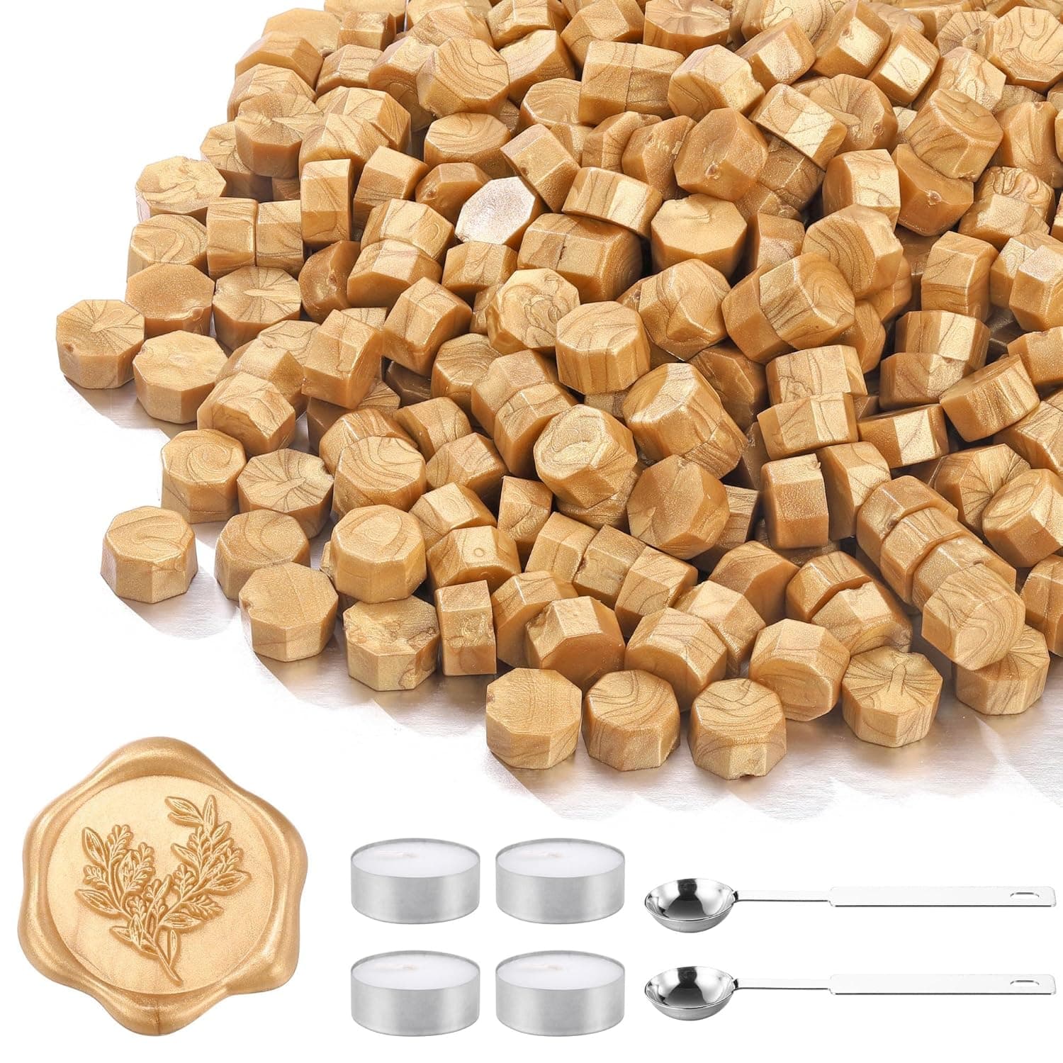 360Pcs Gold Sealing Wax Beads Kit with Spoon & Candles, Vintage Wax Seal Beads for Wedding Invitations, Envelopes, Gift Packaging, Letters & Custom Stamp Decorations