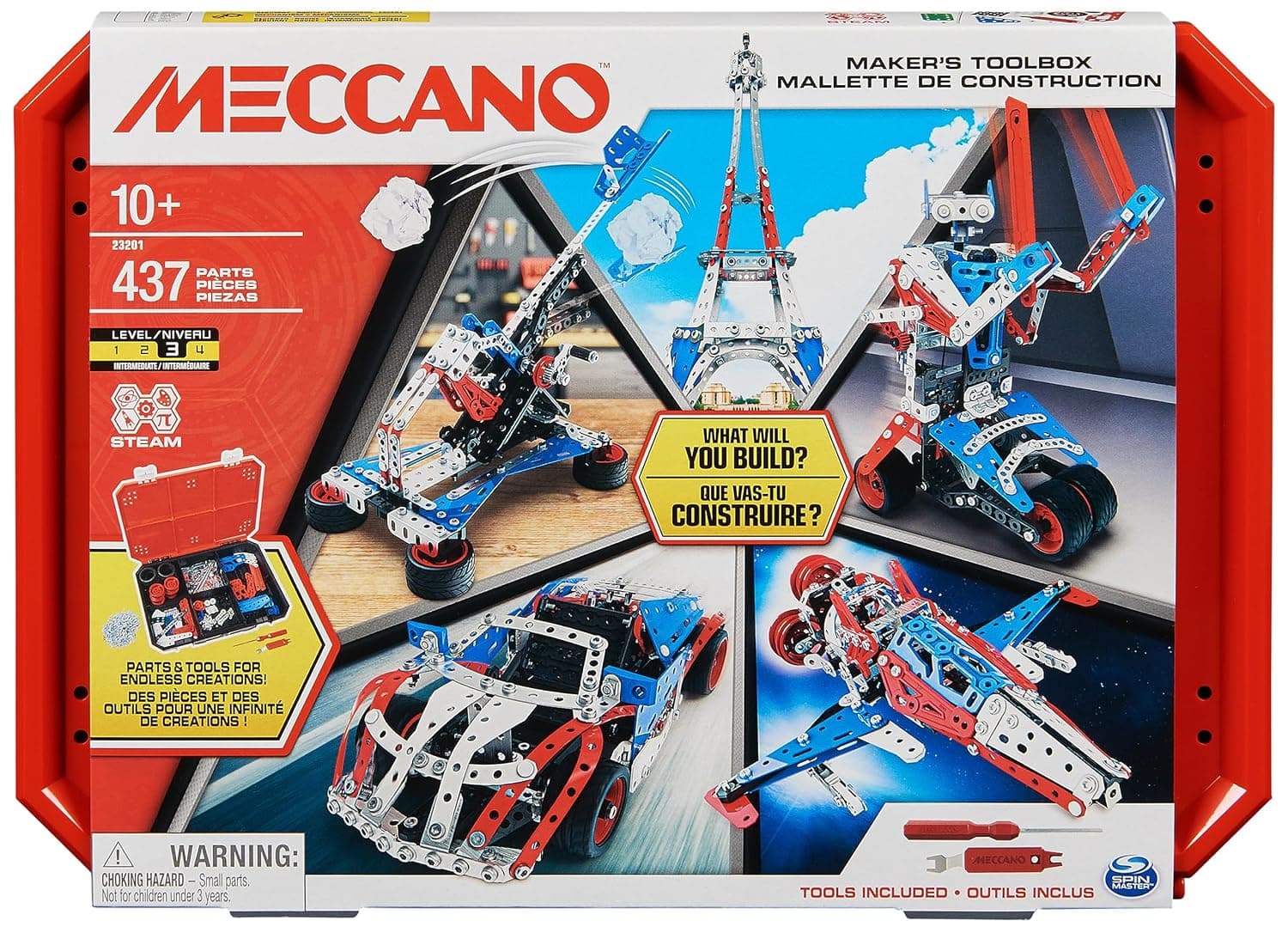 MECCANO - Building Case 5 Models - 5 Iconic Models in the Colours of France to Build - Storage Case - MECCANO Construction Game with 2 Tools - Children's Toy 10 Years and Above