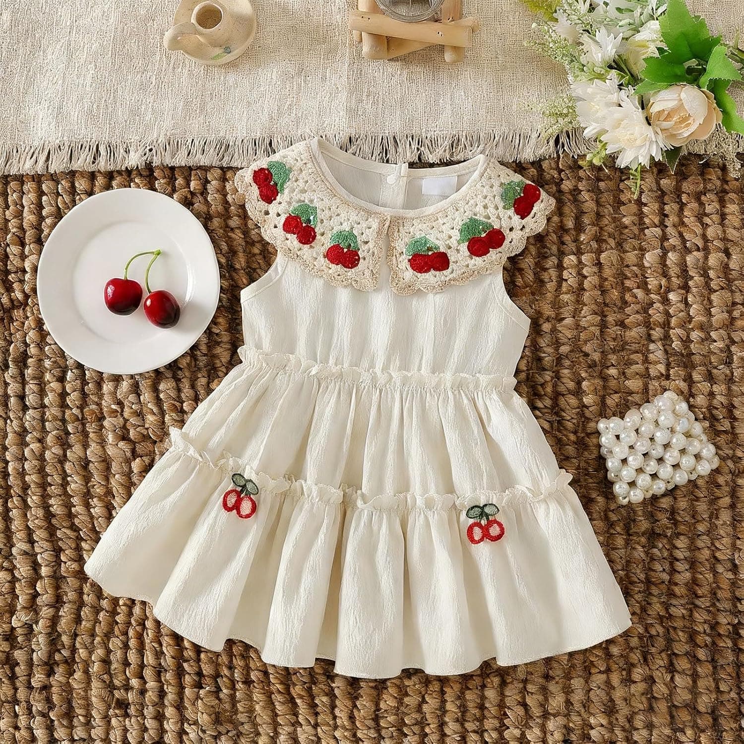 Baby Girl White Dress with Crochet Cherry Collar Infant Sleeveless Tiered Sundress Newborn Summer Outfits Clothing Set