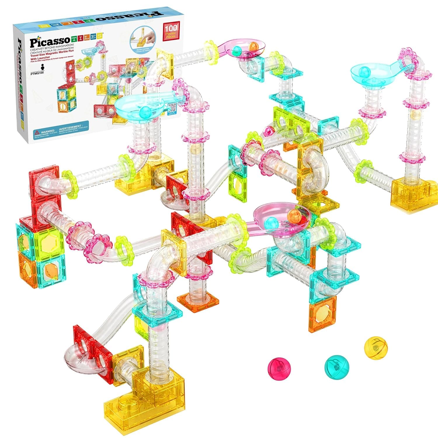 PicassoTiles 100pc Magnetic Marble Run Travel Size Tile Blocks Construction Kids Toy Set On The Go Mini Magnet Tiles Marbles Playset for Race Track Building Block STEM Learning Kit Boy Girl 3+ PTMG100