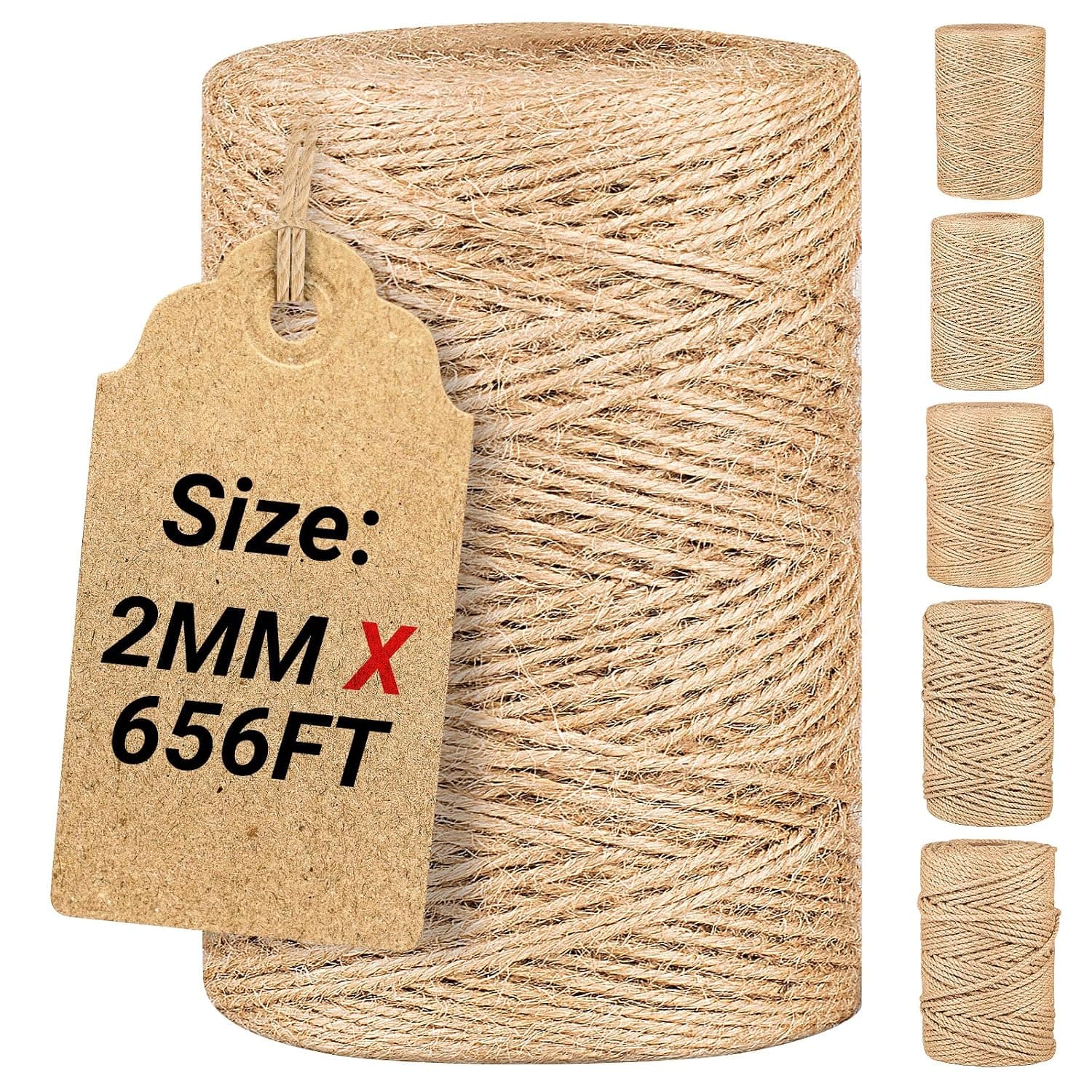 Natural Jute Twine String (2mm x 656ft), Bulk Jute Rope Cord for Crafting/Gardening/Gift Wrapping, Thick & Thin Decorative Brown Rope, Ornament Twine for Cat Scratch Post