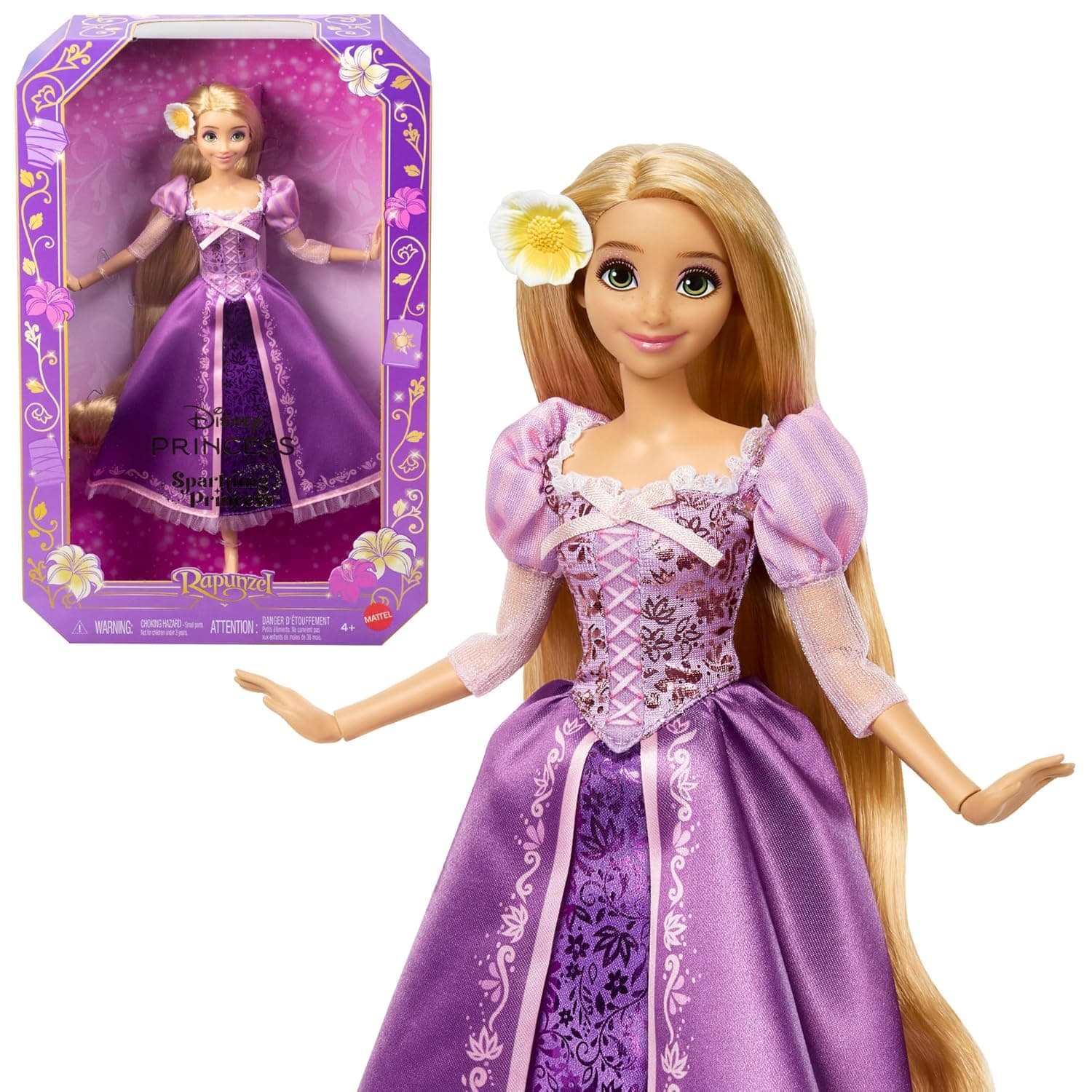 Mattel Disney Princess Rapunzel Fashion Doll from the Glitter Princess Range with Removable Dress and Hair Clip JLM94 | Posable Doll in Signature Look, Removable Dress, Long Hair & Flower Hair Accessory, Inspired by Tangled (Amazon Exclusive)