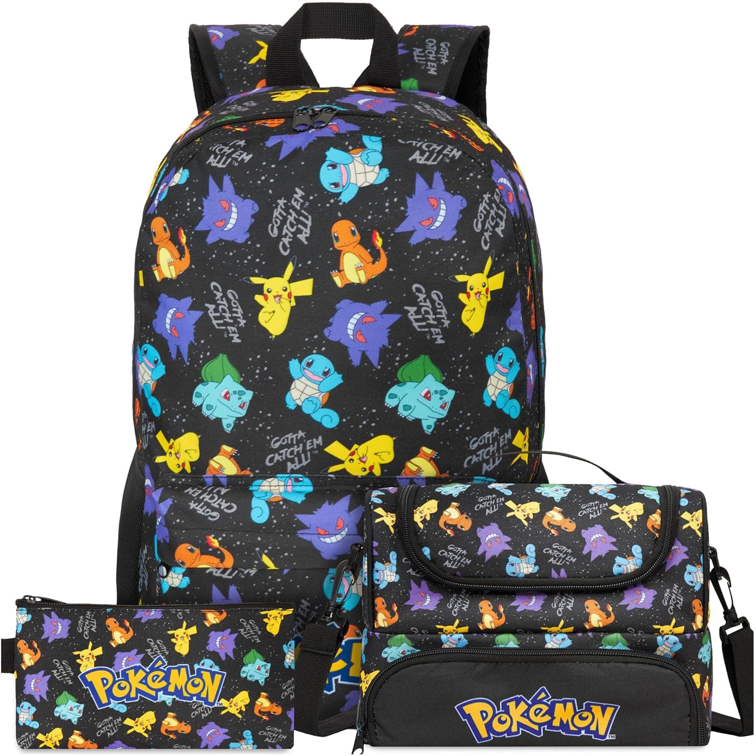 Get Trend Pokemon Boys Backpack, Lunch Bag & Pencil Case, 3 Piece Set | 18 inch Bookbag, Adjustable Padded Straps, Insulated Lunch Bag, Pencil Pouch, School Supplies, Pikachu Gamer Gifts for Boys
