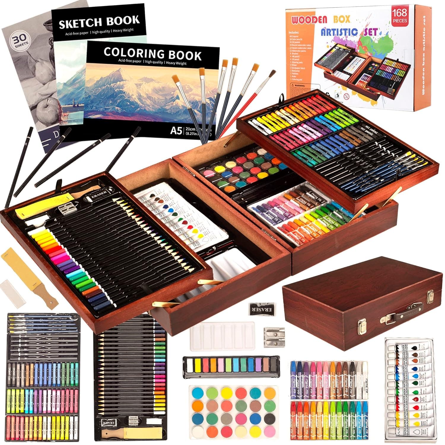 KINSPORY 168 Pack Art Supplies, Deluxe Wooden Art Set Crafts Drawing Painting Coloring Kit, 3 Pack Coloring Pads, Creative Gift Box for Artist Beginners Kids Girls Boys - Brown