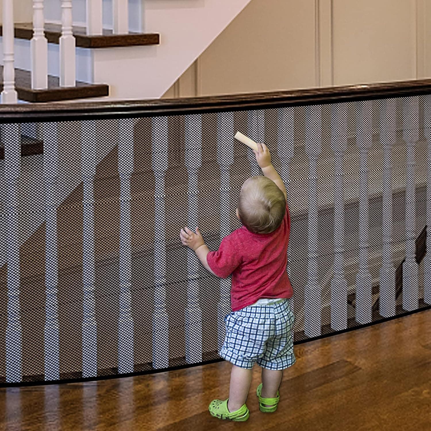 Baby Gate for Stairs, Banister Guard for Kids, Pets, Toys, 18 ft L x 2.66 ft H, Mesh Netting Safety Net for Balcony Rail Stair, Stairway Net Baby Safety Products for Indoor & Outdoor (Black)