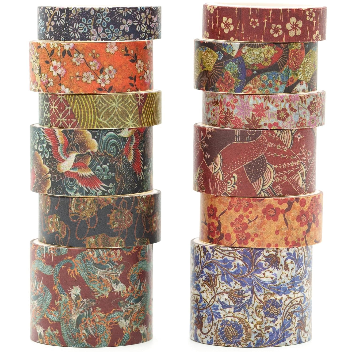 KAVI' S 12 Rolls Kyoto Charm Washi Tape Set Japanese Arts Adhesive Tapes Geometric Garden Decorative Masking Tape Sets for Craft, Kids, Scrapbook, DIY, Gift Wrapping (Floral Bird)