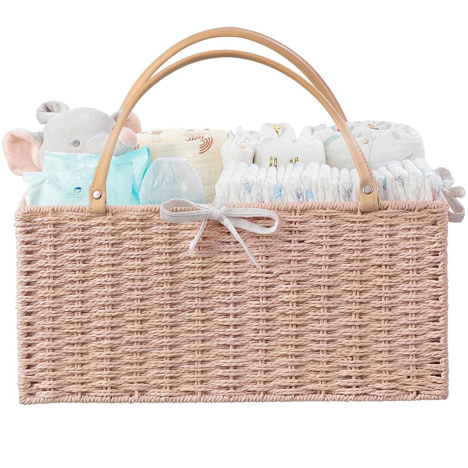 HBlife Large Baby Diaper Caddy Organizer Pink, Paper Rope Storage Baskets Nursery Bin with Removable Divider, Portable Car Organizer for Diapers, Baby Shower Gifts, Newborn Essentials Must Haves