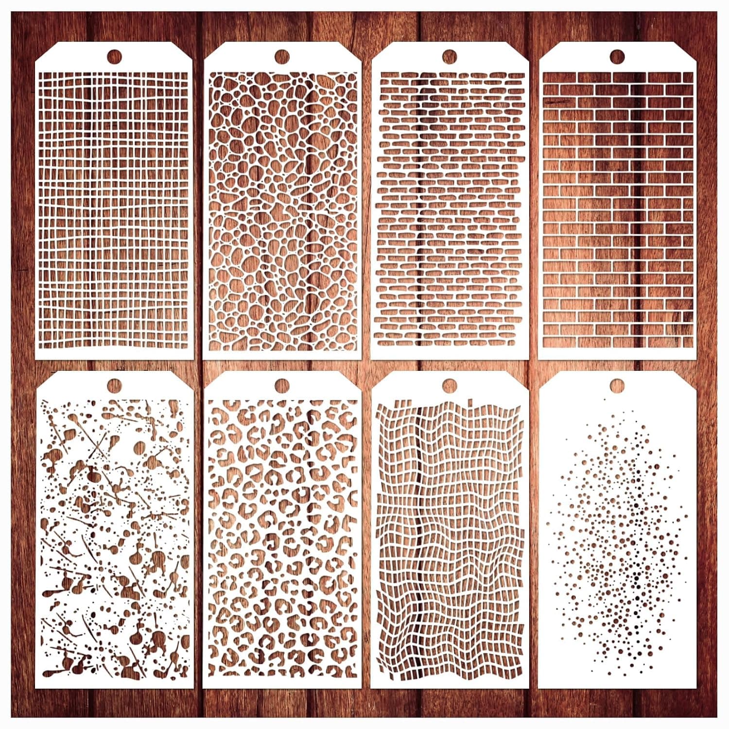 Stencils for Crafts, 8 Pcs Reusable Texture Stencils, Leopard Brick Dot Mixed Media Stencil Layering Drawing Templates for Painting on Wood Crafts Furniture Paper (4.7x9.4inch)
