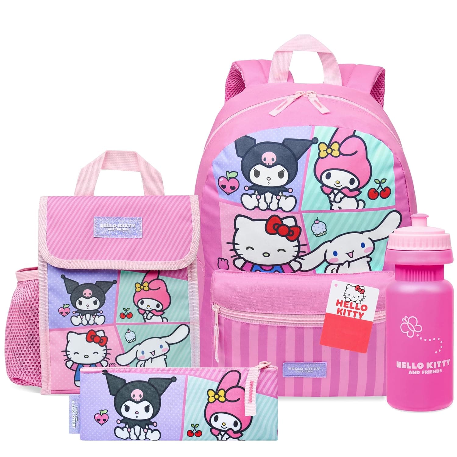Hello Kitty Sanrio Backpack Set 4 Pcs Girls Water Bottle Pencil Case Insulated Lunch Bag Cinnamoroll Kuromi My Melody Teens Kawaii School Supplies