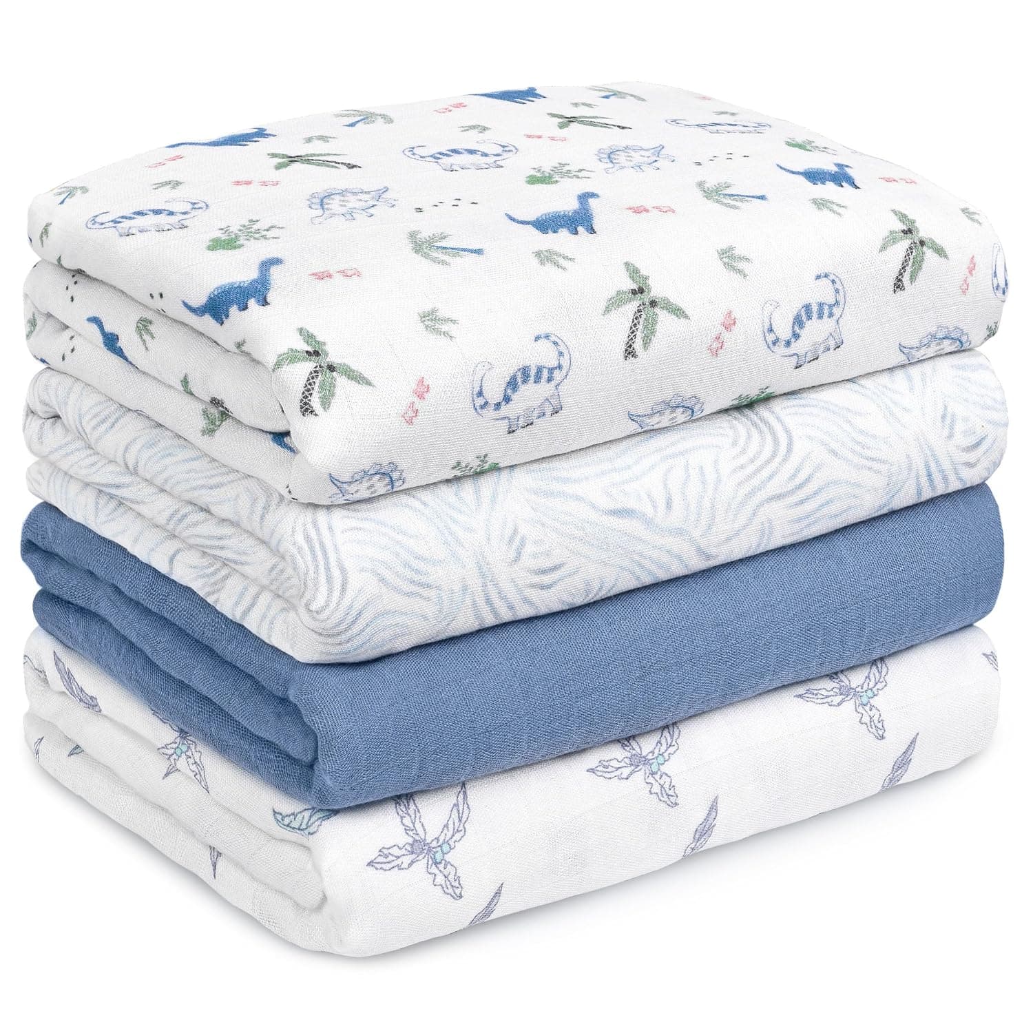 GLLQUEN BABY Muslin Swaddle Blankets 4-Pack Breathable Receiving Blankets (35" x 40") Soft Baby Blankets for Girls and Boys Newborn Essentials Muslin Burp Cloths Swaddle Wrap Baby Gift(Dinosaur)