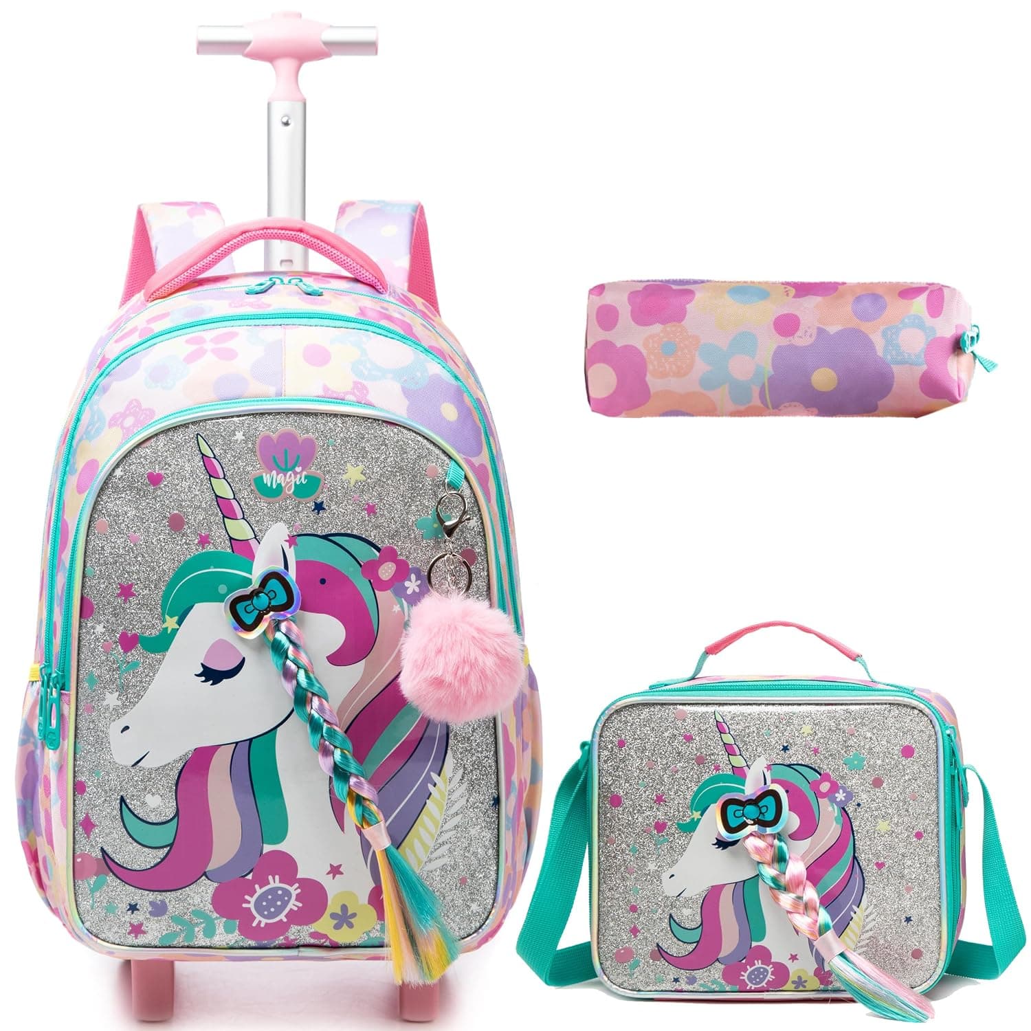 HTgroce 3-in-1 Girls' Primary School Bag with Wheels, Backpack Combination Includes Lunch Bag and Pencil Case