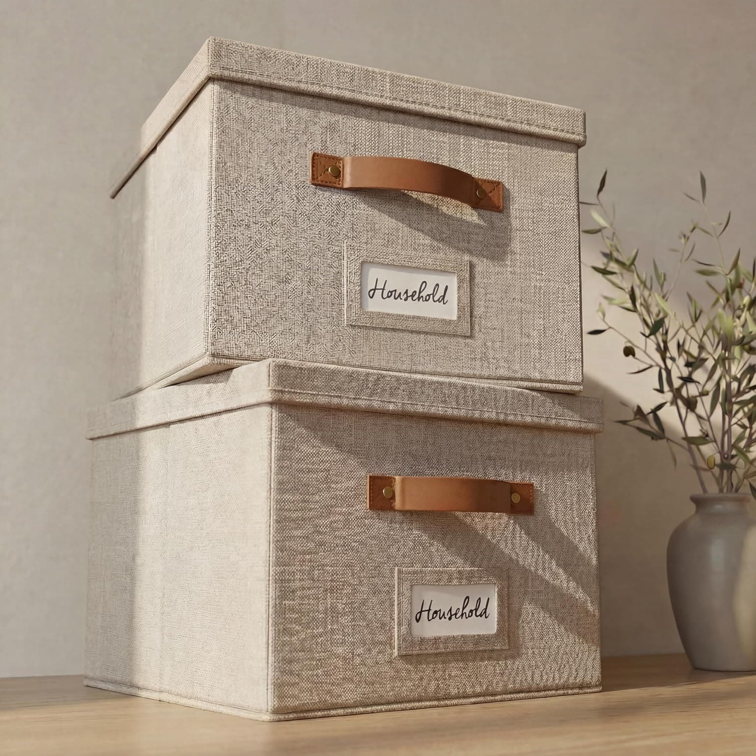 ZICOTO Decorative File Organizer Box Set of 2 - Collapsible Linen Filing Cabinets w/Handles Are Perfect to Store all Your Documents & Hanging File Folders - Portable Easy Slide File Crates with Lid