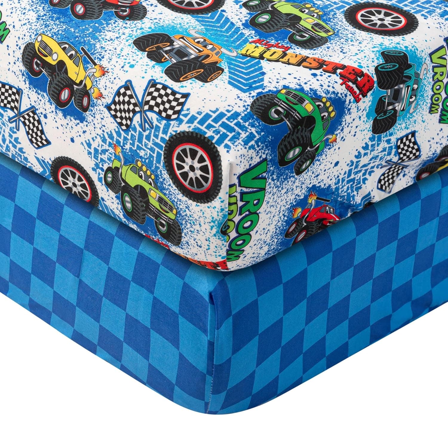 Today's Kids 2-Pack Monster Truck Fitted Baby Crib Sheets Boy - Soft & Breathable Nursery Toddler Bed Sheets for Boys Elastic Edge Deep Pockets Machine Wash, Fits 28" x 52" Mattress, 2 Printed Designs