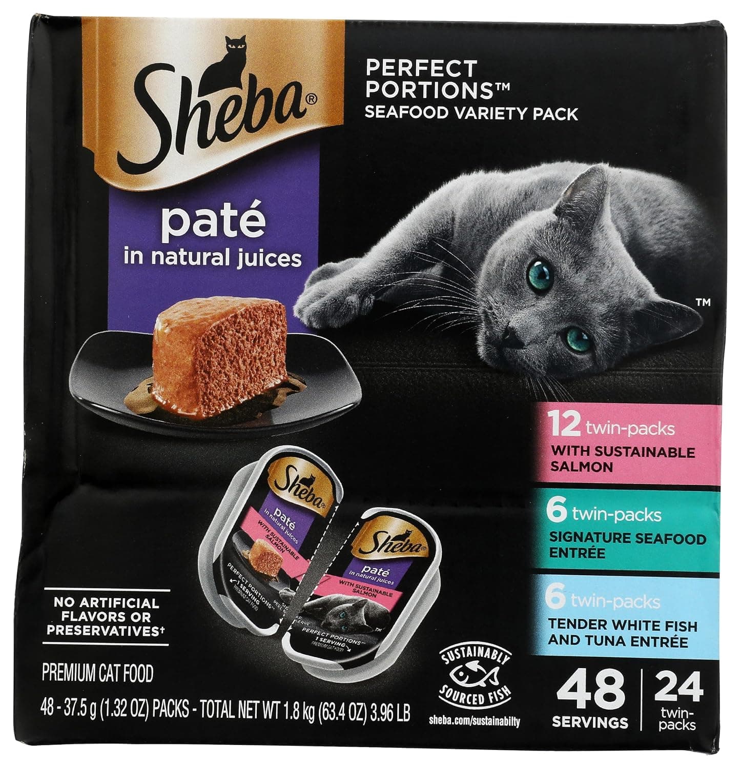 Sheba Perfect Portions Pate Wet Cat Food, Seafood Variety, 2.6 oz, 24 ct | Grain-free, made in USA, Sustainable Salmon, Signature Seafood & Whitefish Tuna, no artificial flavors, twin-pack trays