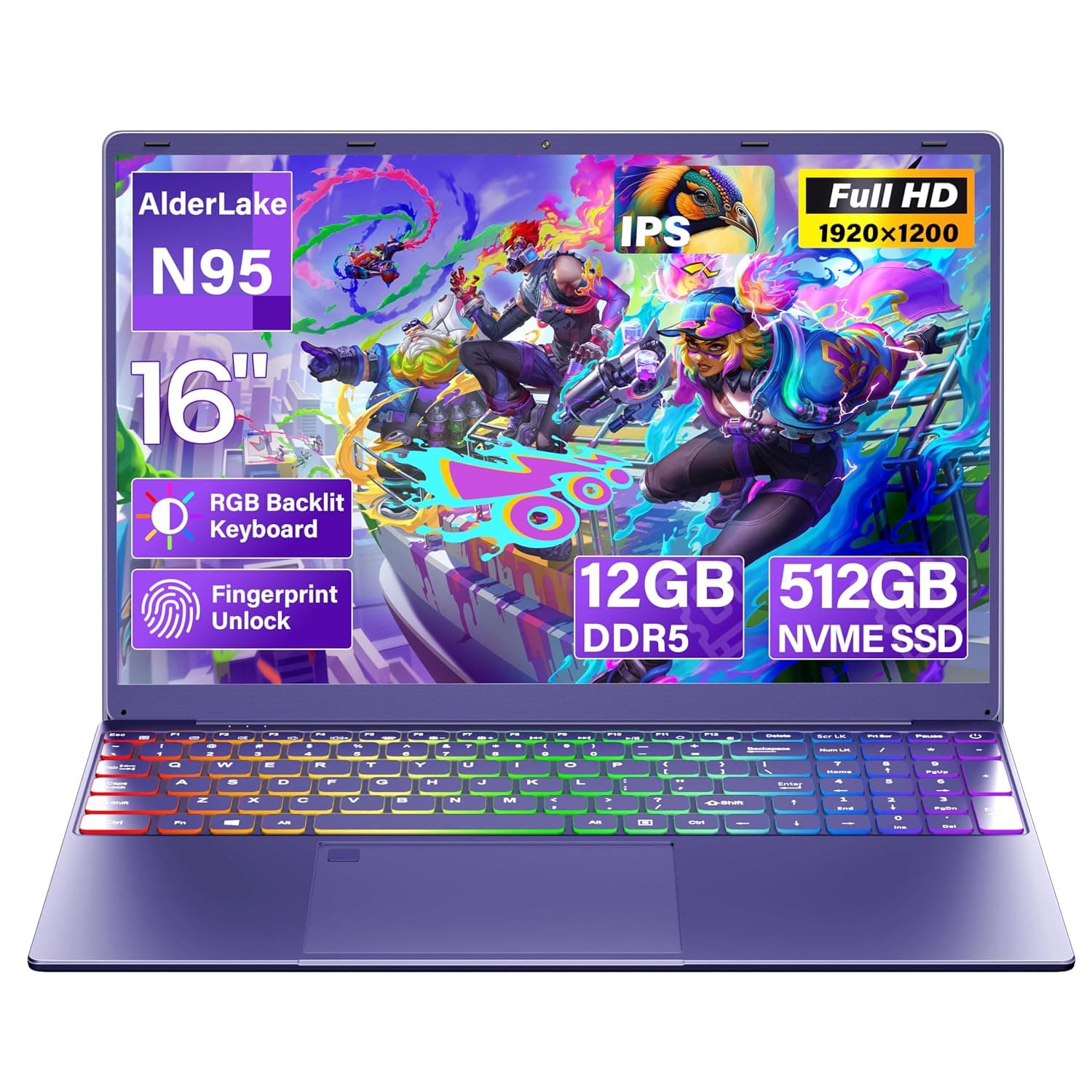 16" Purple Laptop Computer - N95 Processor, 512GB NVMe SSD 12GB LPDDR5 RAM, 1920X1200 FHD IPS, RGB Backlit Keyboard, Fingerprint, Win 11 Pro, Ergonomic Design for Students Business Home Use