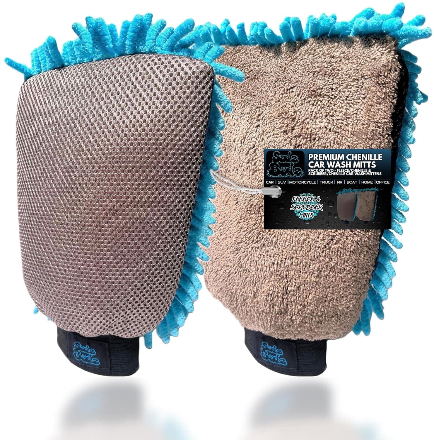 Premium Microfibre Chenille Car Washing Mitt 2 Pack | 2-in-1 Double-Sided Scrubber and Fleece Mitts. Soft, Durable, No Scratch, Lint-Free Washing and Detailing for Exterior Car Care
