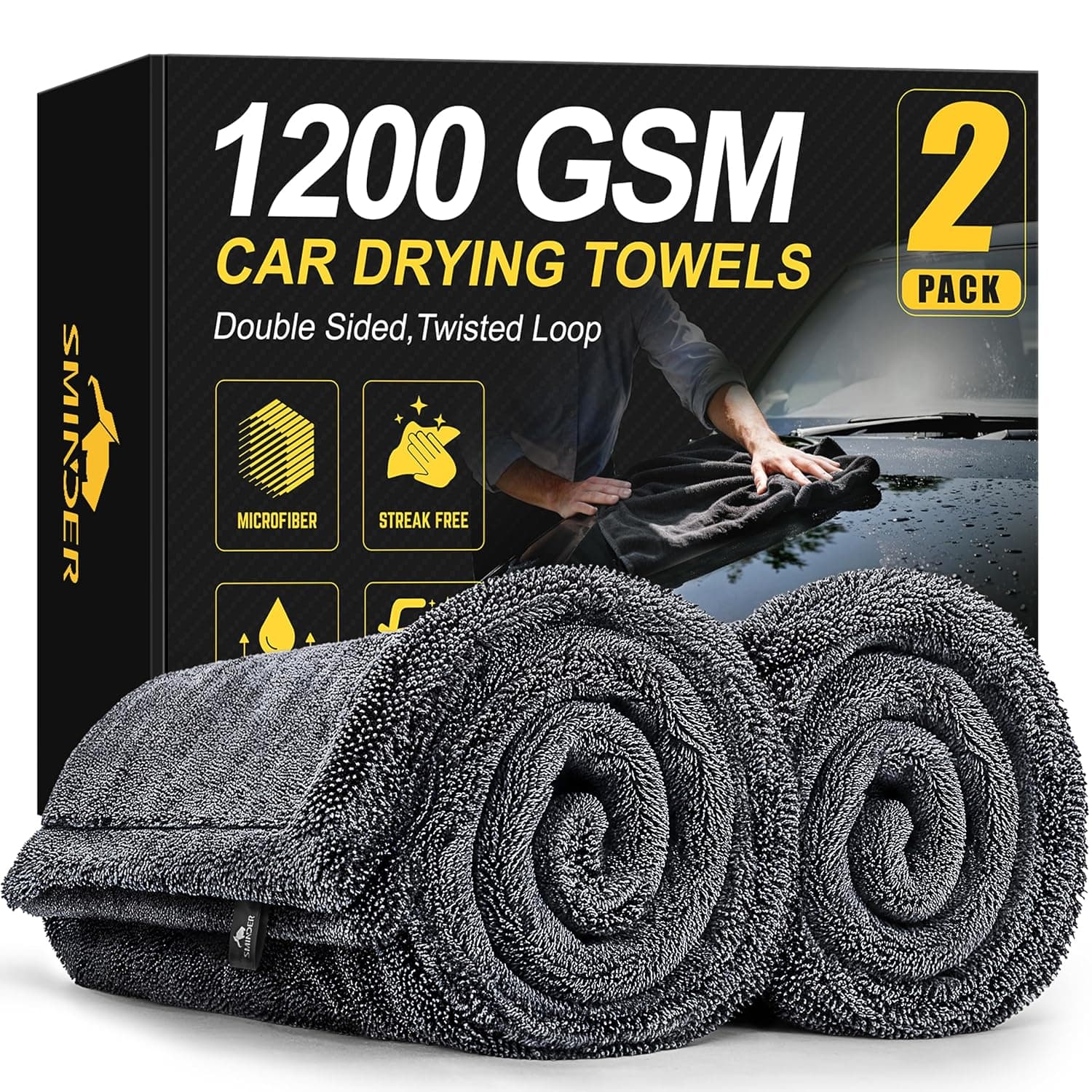SMINDER 2-Pack 1200 GSM Microfiber Car Drying Towels(36" x 24"), Ultra-Absorbent, Streak-Free, Scratch-Free, No Water Spots, Premium Double-Twist Pile and Edgeless Design, Quick & Effortless Dry