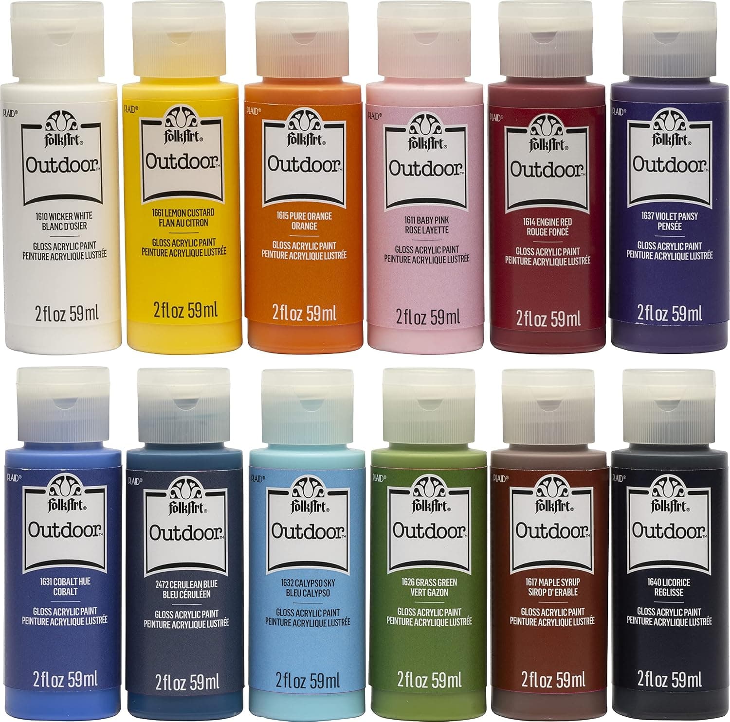 FolkArt Outdoor Gloss Acrylic Craft Paint Set Designed for Beginners and Artists, Non-Toxic Formula Perfect for Rock Designing, Twelve Bottles, 2 oz, 24 Fl Oz