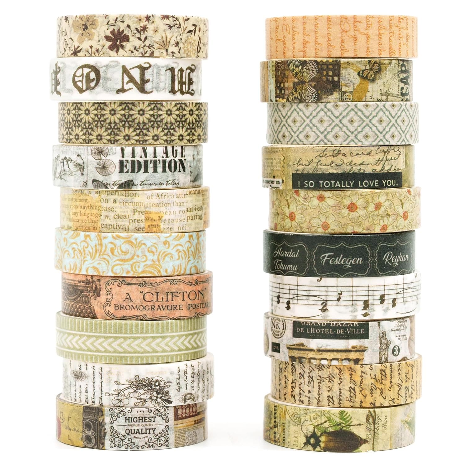 Vintage Washi Tape 20 Rolls Set | Retro Paper Surface, Postage, Newspaper Design Masking Tape Perfect for Notebook, Scrapbooking, DIY, Gift Wrapping | 10mm x 2m Each (Classic)