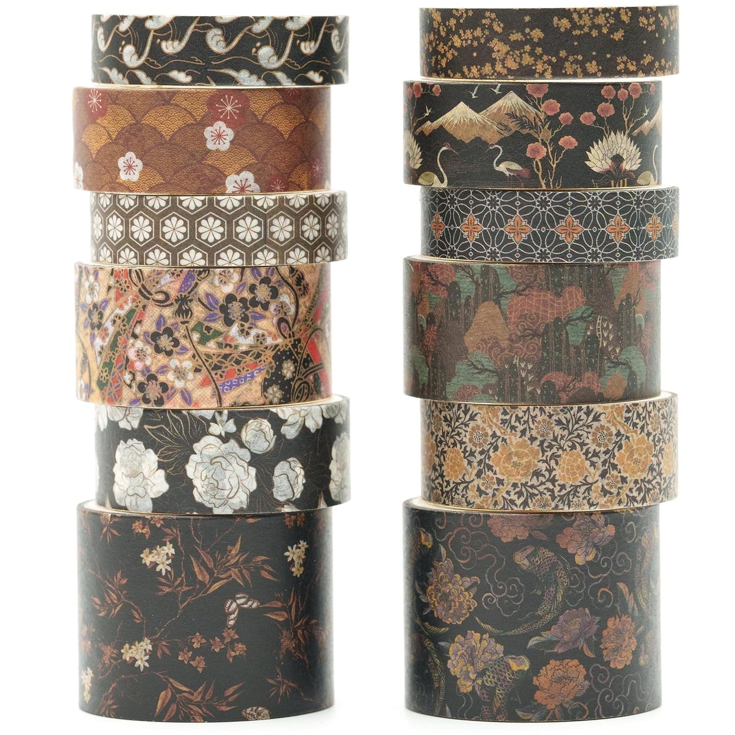 KAVI' S 12 Rolls Kyoto Charm Washi Tape Set Japanese Arts Adhesive Tapes Geometric Garden Decorative Masking Tape Sets for Craft, Kids, Scrapbook, DIY, Gift Wrapping (Black Elegance)