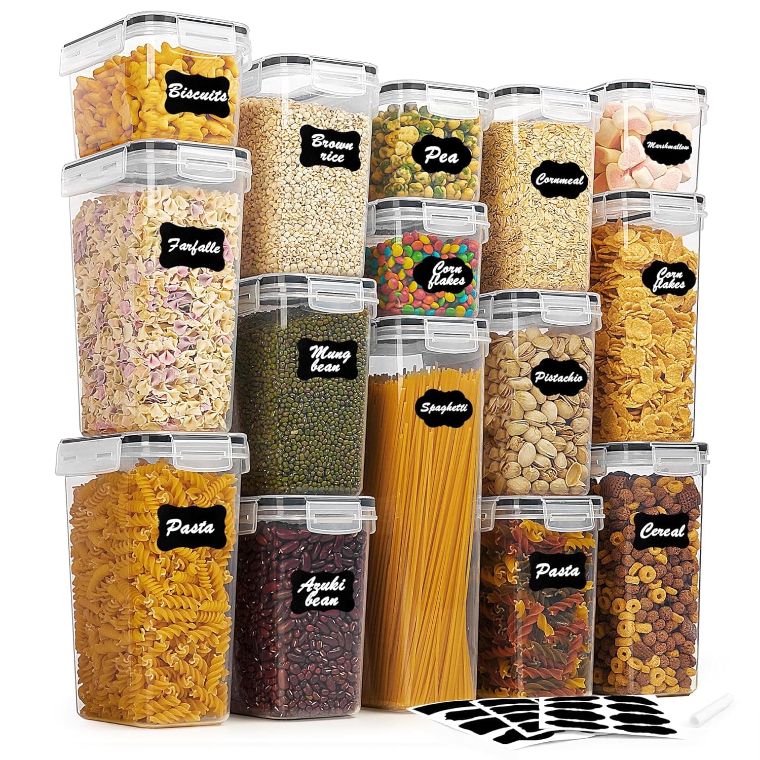 Vtopmart Airtight Food Storage Containers Set with Black Lids, 15pcs BPA Free Plastic Dry Food Canisters for Kitchen Pantry Organization and Storage, Dishwasher safe,Include 24 Labels