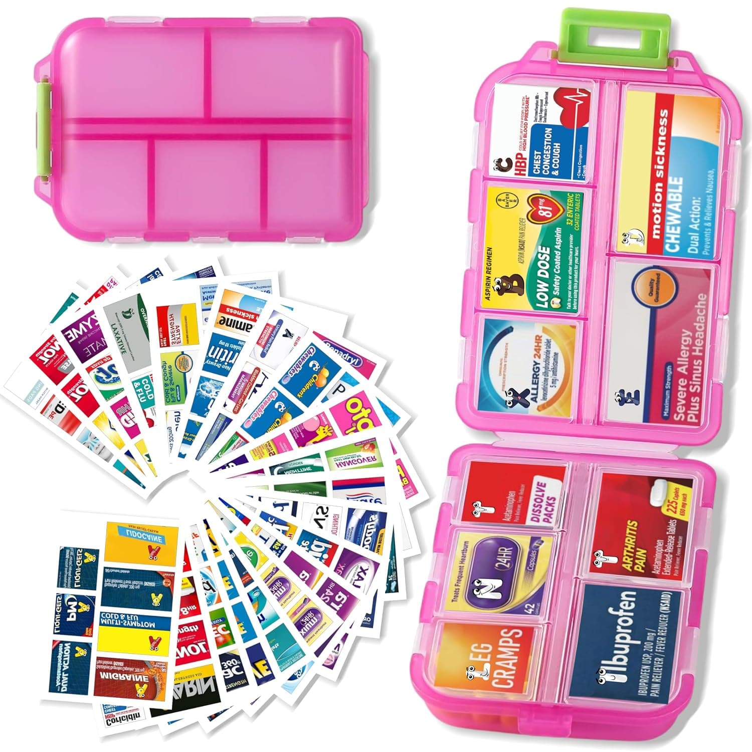 7-Day Travel Pill Organizer with 161 Labels, Mini Daily Medication Case with Smiley Stickers, Portable Pill Holder for Pocket or Purse, Vitamin & Supplement Organizer (Pink)