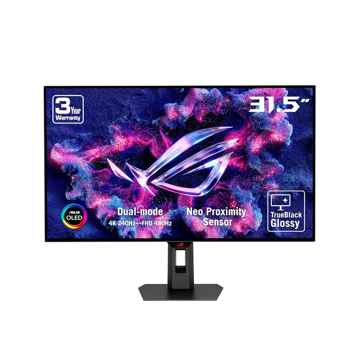 ASUS ROG Strix OLED XG32UCWMG monitor ―32" 4K TrueBlack Glossy OLED, dual mode (4K@240Hz, FHD@480Hz), 0.03ms, heatsink, Neo Proximity Sensor, VESA DisplayHDR 400 True Black, USB-C