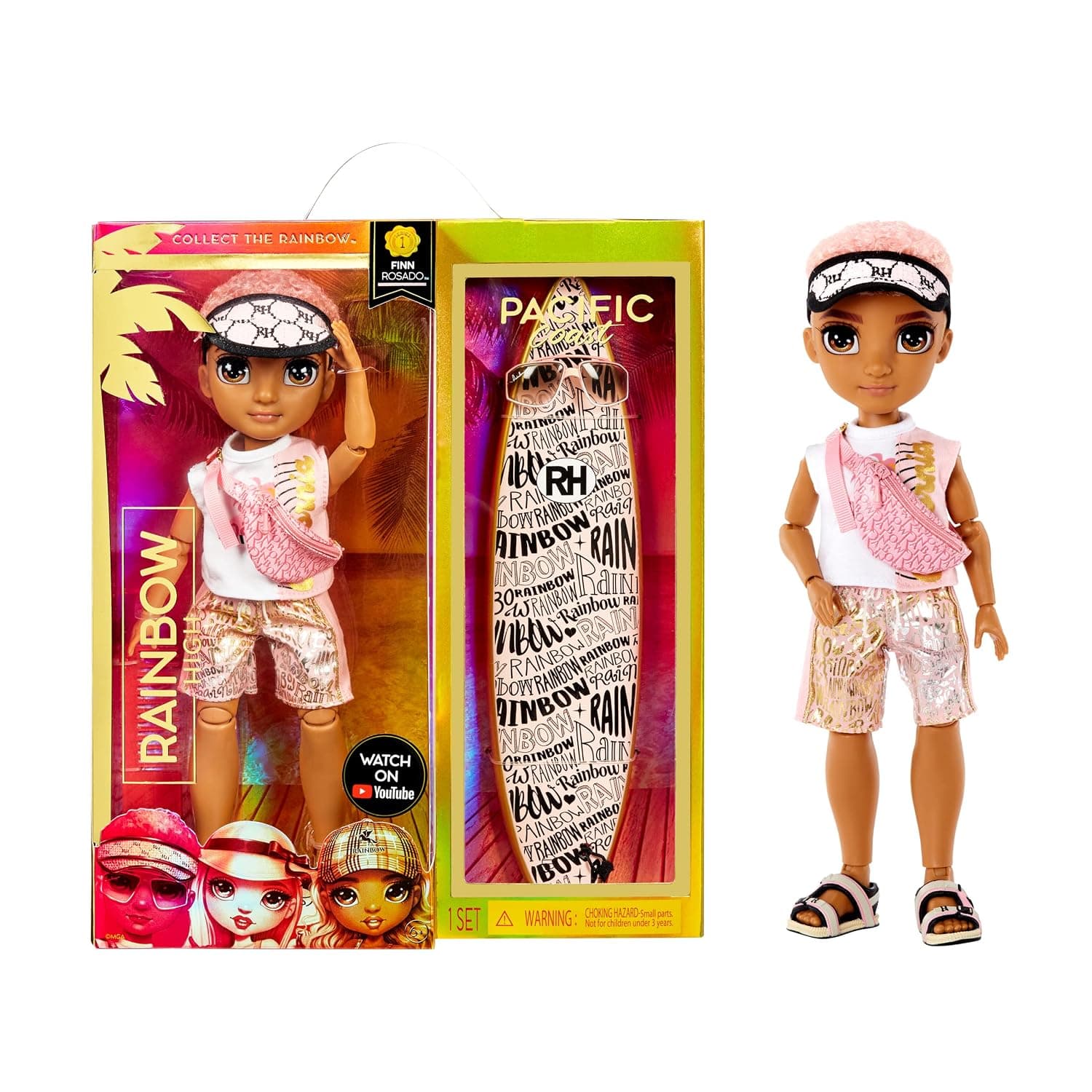 Rainbow High Pacific Coast Finn Rosado- Rose Gold Boy Fashion Doll with Pool Accessories playset, and Surfboard. Great Gift for Kids 6-12 Years Old, (581888)
