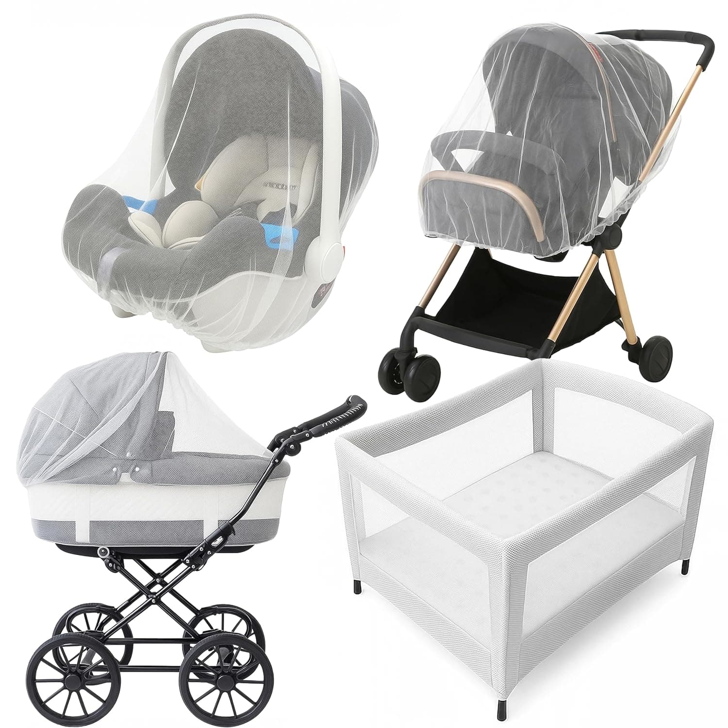 2 Pack Stroller Mosquito Net, Pram, Car Seat & Cot, White, 1mm Honeycomb Mesh, Elastic Edge Extends to 59 inch, Insect Protection