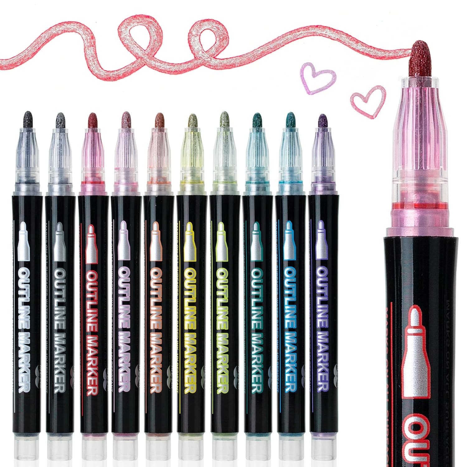 Mr. Pen- Double Line Outline Markers, 10 Colours, Shimmer Markers, Outline Markers Self-Outline Metallic Markers, Outline Pens, Metallic Outline Markers, Craft Pens, Outline Marker | Squiggles Shimmer Outline Pens, Craft Markers for Drawing, Doodling, Card Making and DIY Projects