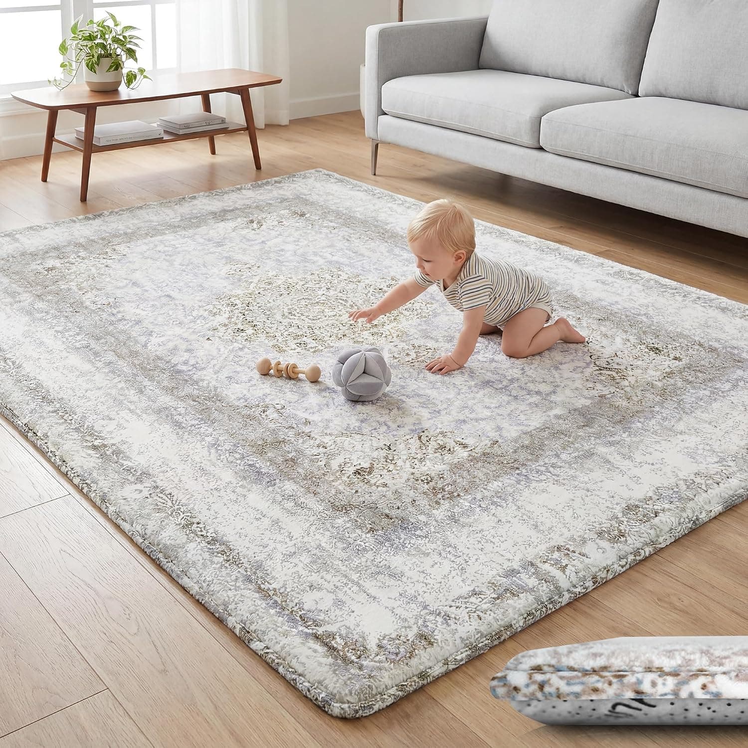Baby Play Mat for Floor - 79x59 Inches 1.3" Thick Elasti-Foam Playpen Mat for Toddlers Infant Kids, Water-Repellent Nursery Rug, Non-Slip Backing for Crawling & Tummy Time, Sahara