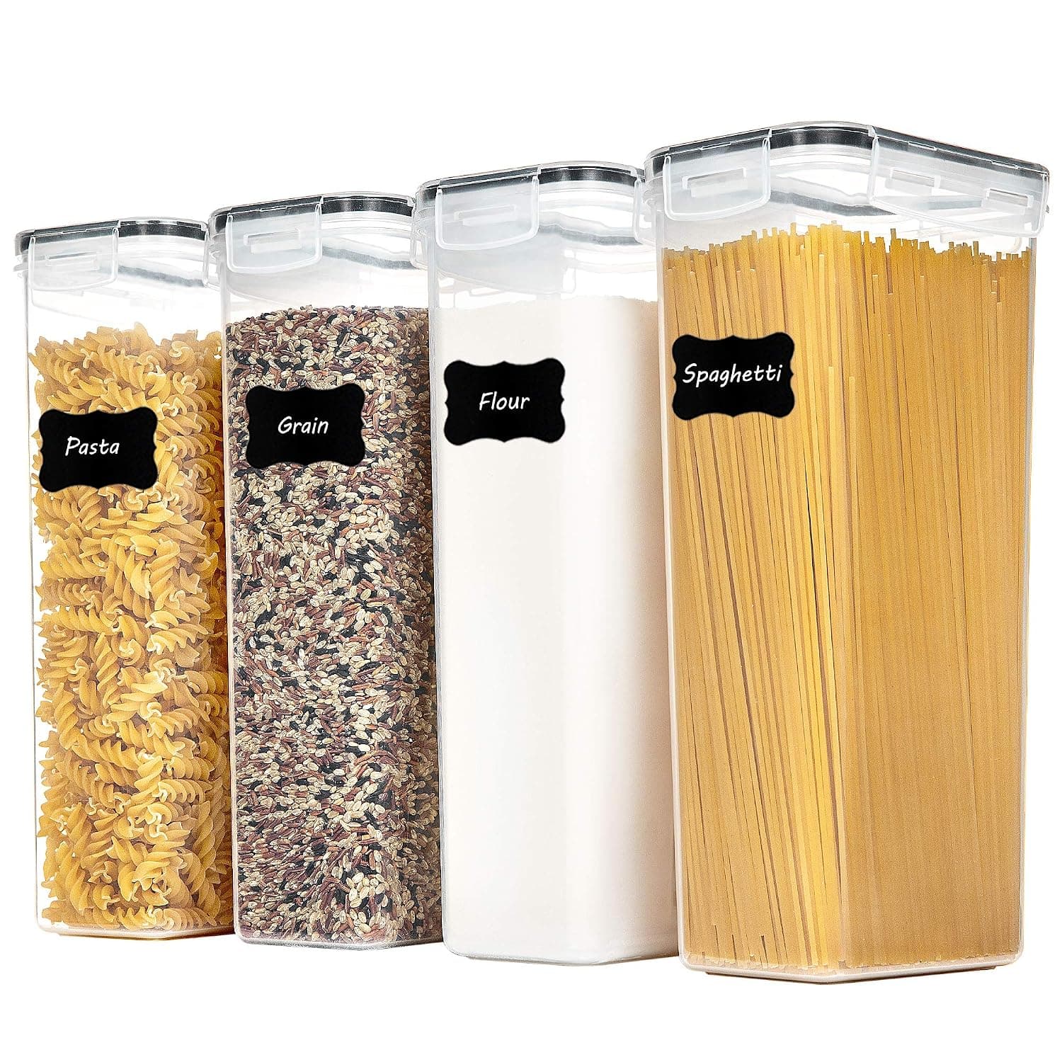 Vtopmart 4 PCS 2.8L Airtight Pasta Containers with Lids, for Pantry Organization, BPA Free Kitchen Food Storage Containers for Spaghetti, Flour, Sugar and Noodles, Black