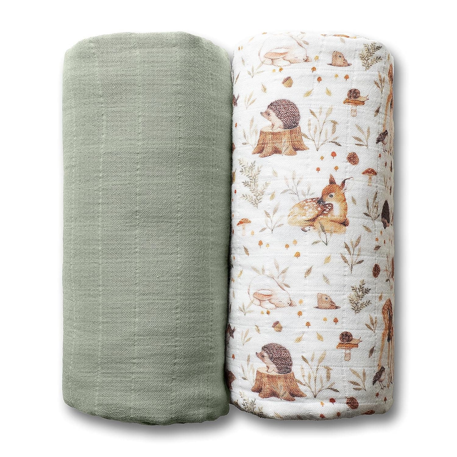Miaoberry GOTS Certified Organic Muslin Swaddle Blankets, 2 Pack Baby Receiving Blankets, Soft Breathable Cotton Swaddles for Newborn Boys & Girls, Woodland Deer & Sage Green