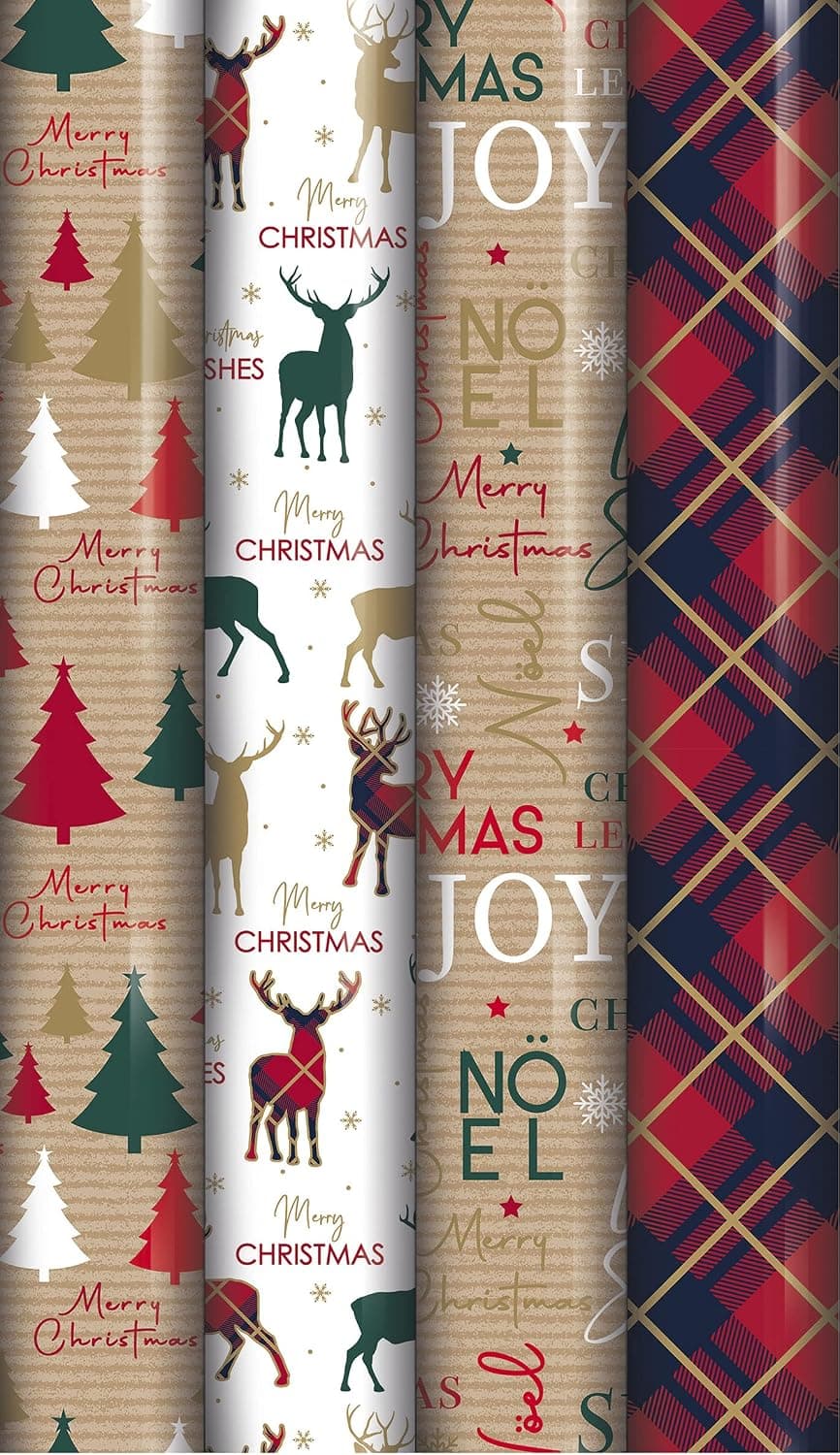 4 x 5M Rolls Of Christmas Gift Wrap Wrapping Paper Traditional Tartan Reindeer