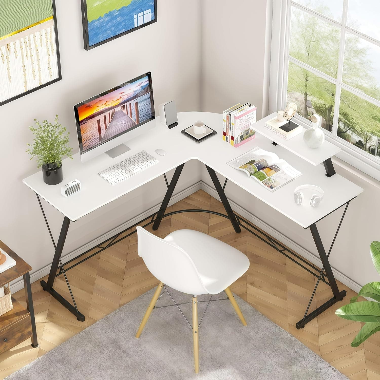 L Shaped Office Computer Desk with Monitor Shelf,Corner Gaming Desk | for gaming, work, study and home office Modern design Workstations.X-frame steel,removable shelf, easy assembly.