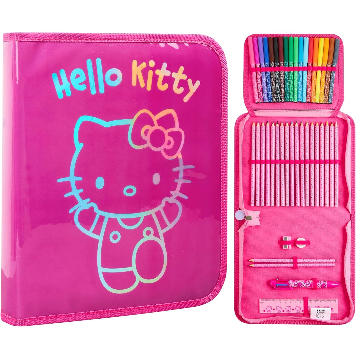 Hello Kitty Sanrio School Bag for Girls Filled with School Supplies Kuromi Anime Pencil Case Large Capacity Felt Tips and Colored Pencils Gift Idea (Hello Kitty Pink)
