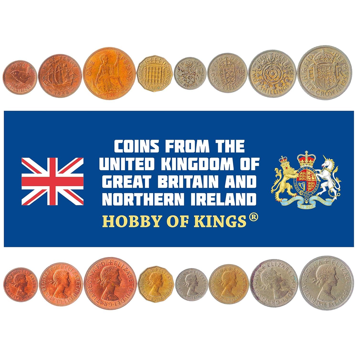 8 Coins from United Kingdom | British Coin Set Collection 1 Farthing 1/2 1 3 6 Pence 1 2 Shillings Half Crown | 1954-1970 | Elizabeth II | Eurasian Wren |Three-Masted Ship | Tudor Rose | Britannia