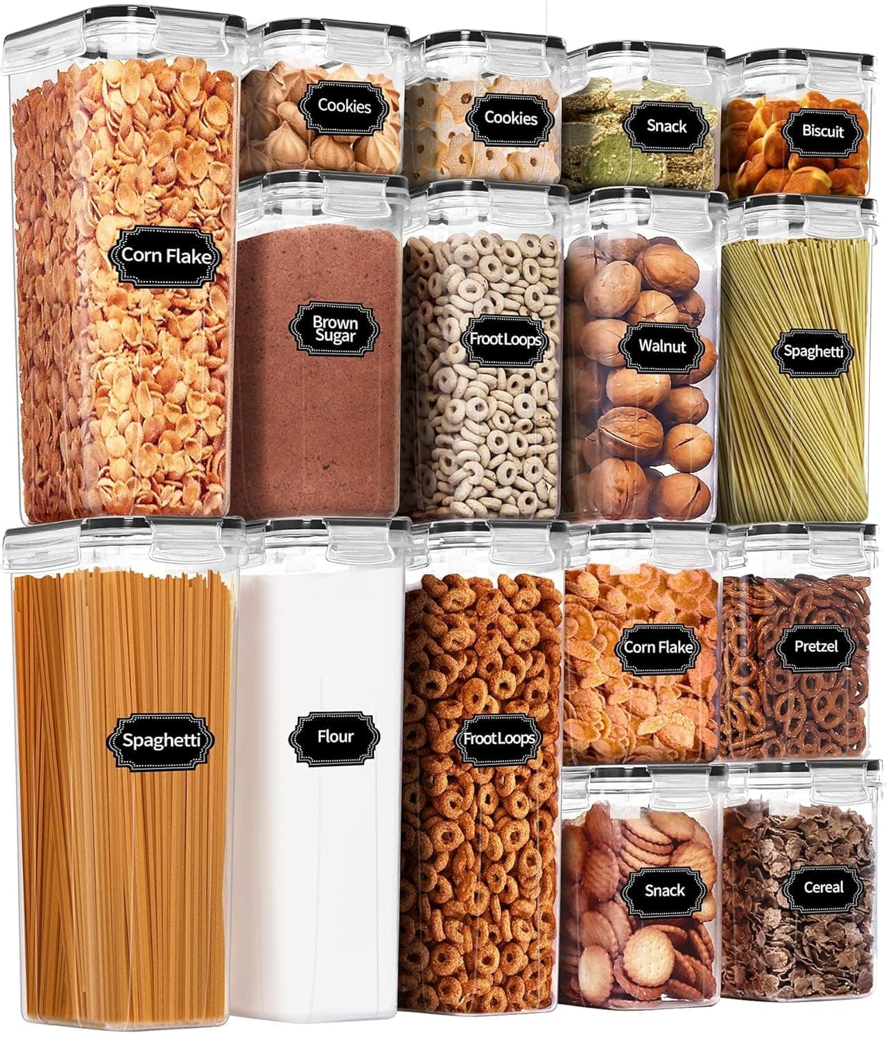 Airtight Food Storage Containers Set, 16 Pcs BPA Free Plastic Dry Food Canisters for Kitchen Pantry Organization and Storage Ideal for Cereal, Flour & Sugar - Labels, Marker