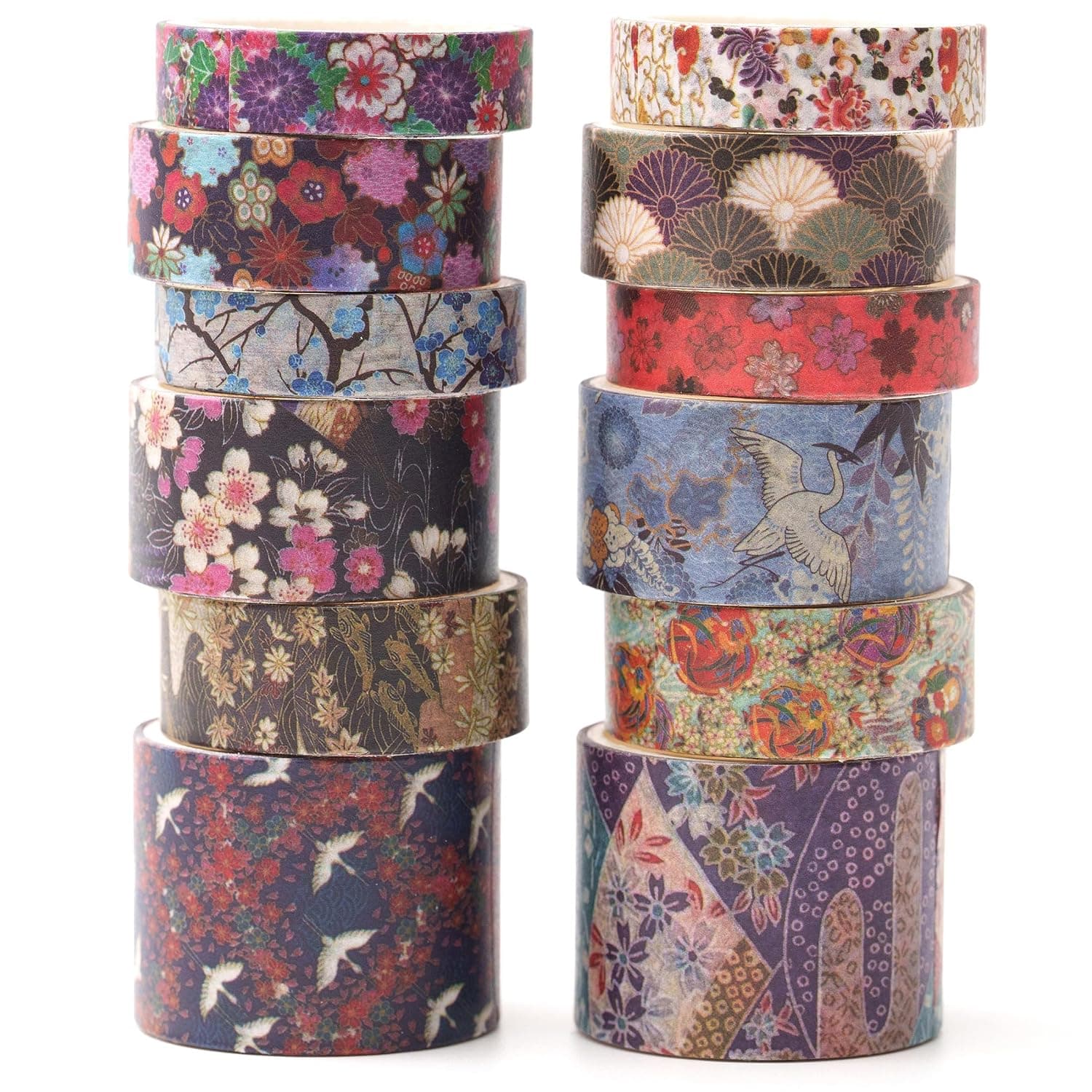KAVI' S 12 Rolls Kyoto Charm Washi Tape Set Japanese Arts Adhesive Tapes Geometric Garden Decorative Masking Tape Sets for Craft, Kids, Scrapbook, DIY, Gift Wrapping (Purple Sakura)